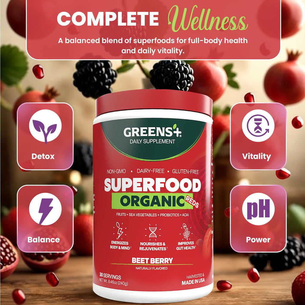 Greens+ Organic Reds Superfood Powder, Antioxidant, Polyphenol, Blend for Morning Kick, Energy, Vitality Boost, Nutrition, Vibrant Health, Vegan Soy/Dairy/Gluten Free(8.46oz)