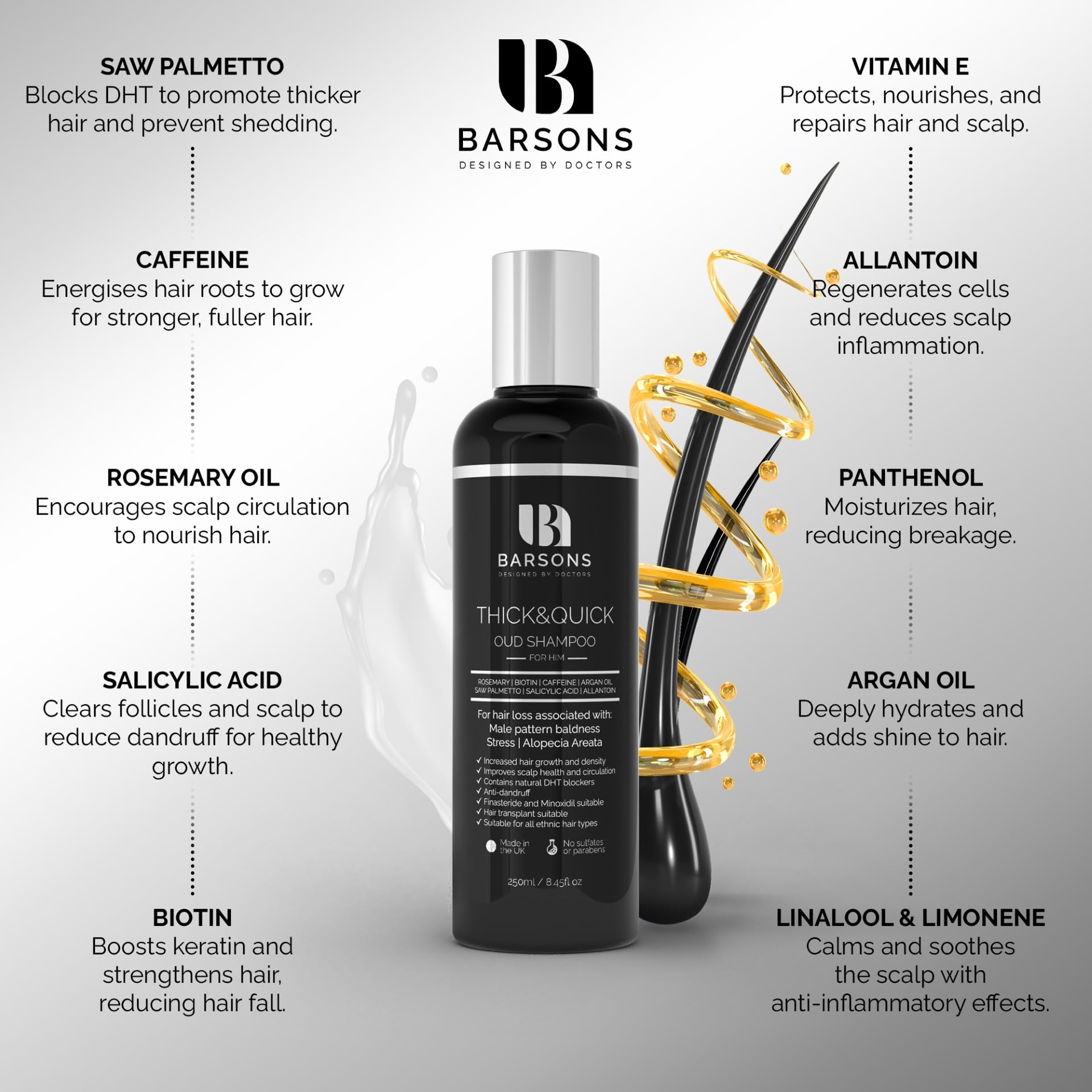 BARSONS THICK&QUICK Oud Shampoo for Men with Thinning Hair – Doctor-Formulated Hair Thickening Treatment – DHT Blocker – Hair Transplant Friendly – Rosemary, Biotin, Argan Oil, Caffeine – Sulfate-Free