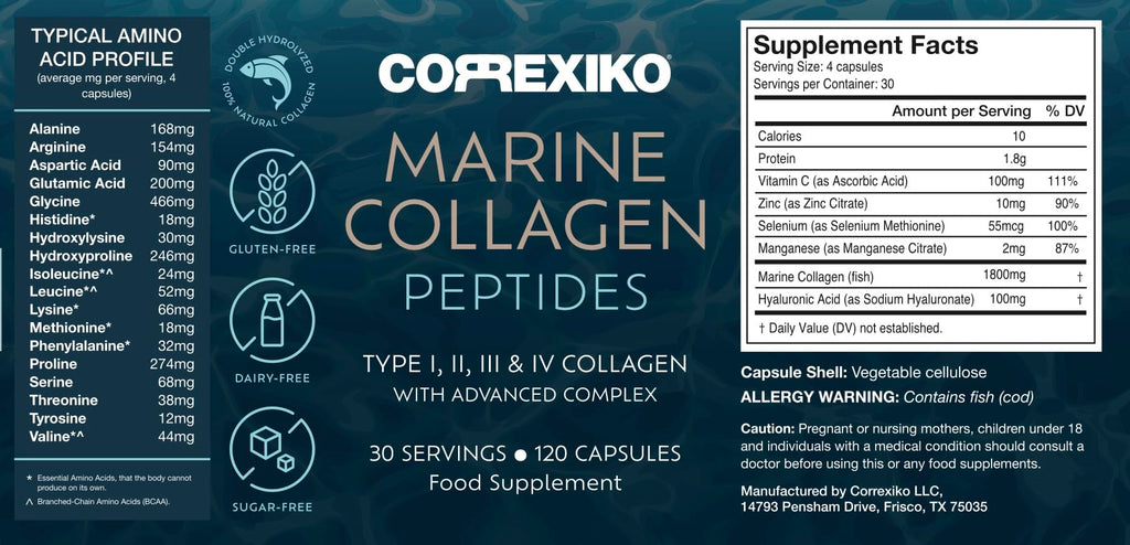 CORREXIKO Marine Collagen Supplement Pills - 1800mg Hydrolyzed Collagen Peptides per Serving with Added Hyaluronic Acid, Vitamin C & Minerals - for Hair, Skin & Nails - 120 Capsules 30 Day Supply
