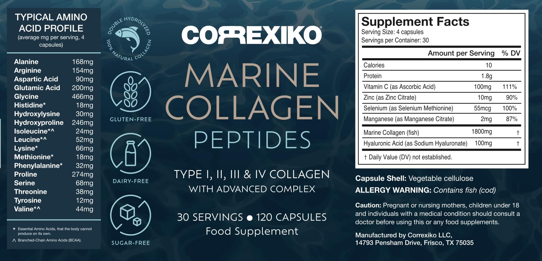 CORREXIKO Marine Collagen Supplement Pills - 1800mg Hydrolyzed Collagen Peptides per Serving with Added Hyaluronic Acid, Vitamin C & Minerals - for Hair, Skin & Nails - 120 Capsules 30 Day Supply