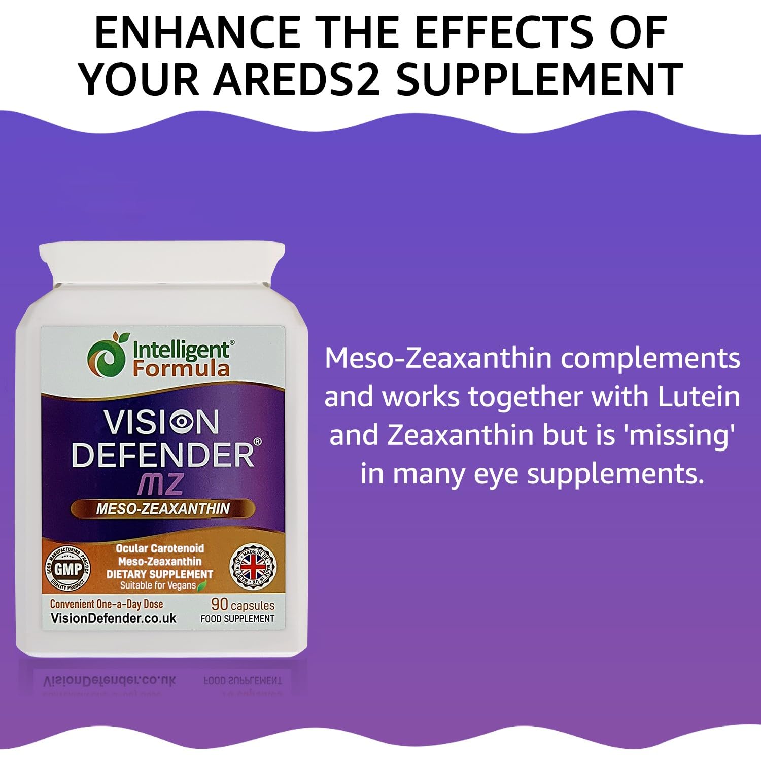Vision Defender Meso Zeaxanthin Vegan Eye Supplement MZ- Protect and Improve Ocular Health & Eye Care, High Strength Antioxidant Carotenoid Meso-Zeaxanthin for Eyes (90 Capsules/One Daily) Made in UK