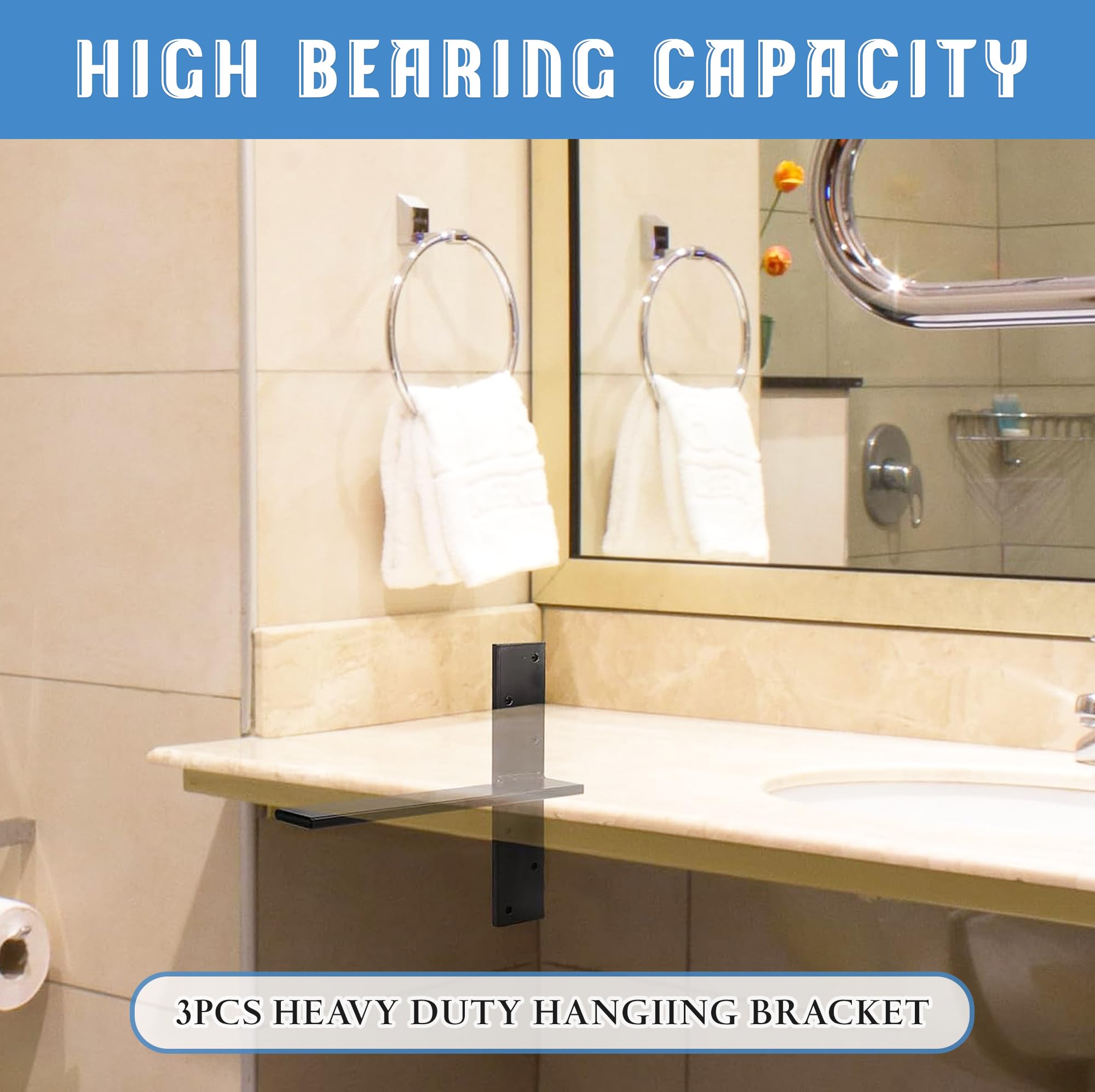 Floating Shelf Bracket 3/8" Thick Heavy Duty Shelf Brackets 3 Pack Free Hanging Countertop Support Bracket 18" Lx2.5 W Floating Wall Brackets for Cabinets, Granite, Dishwasher, Bench Seats Vanities
