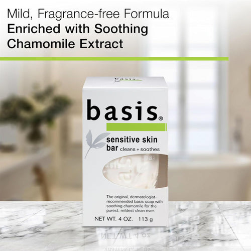 Basis Sensitive Skin Bar Soap for Body, Hands and Face, Unscented Soap Bar for Sensitive Skin with Chamomile and Aloe Vera, Bar Soap Bulk Pack, 4 Oz Bar, Pack of 6