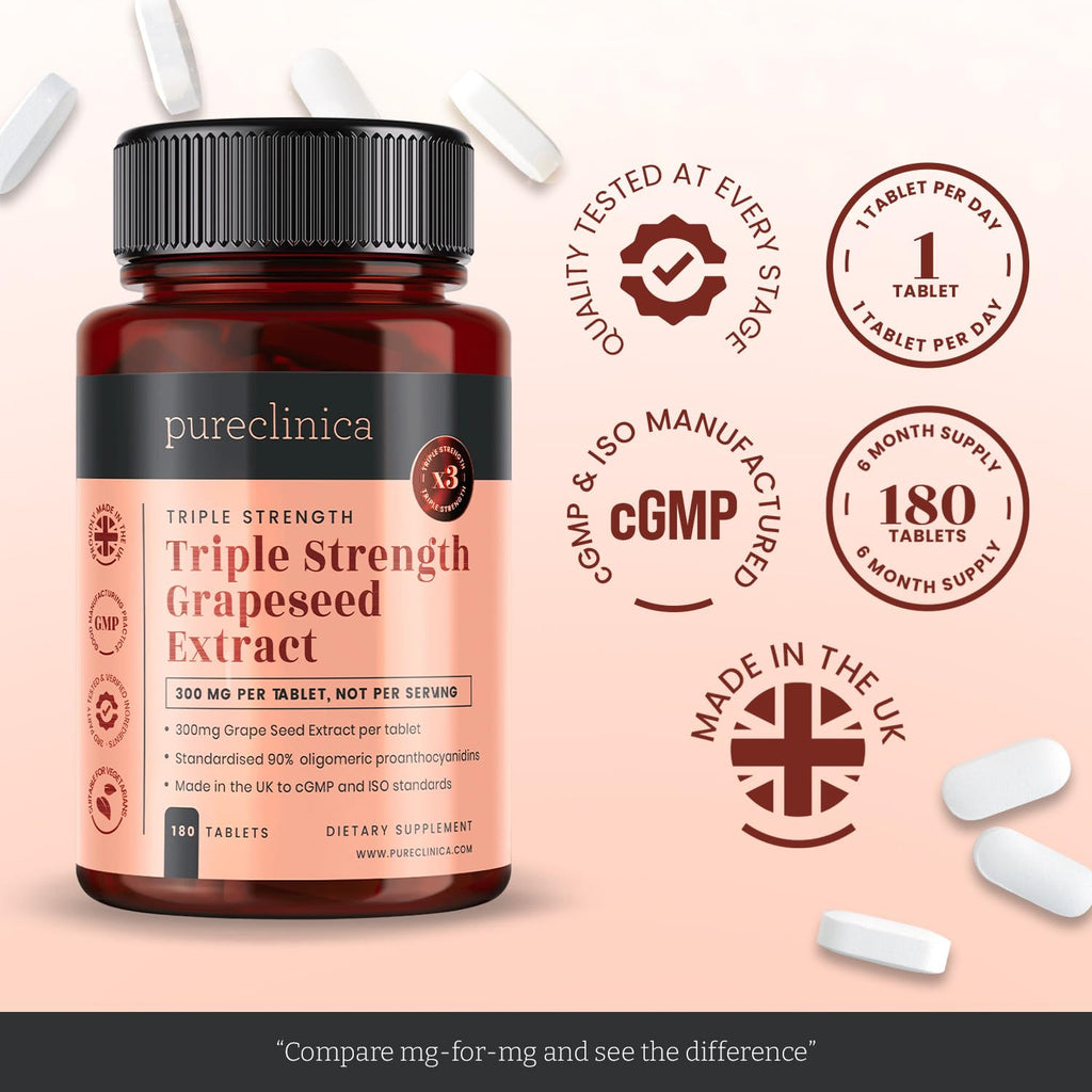 pureclinica Grape Seed Extract 300mg x 180 Tablets - 90% Oligomeric Proanthocyanidins. 300% Stronger Than Regular Grape Seed.