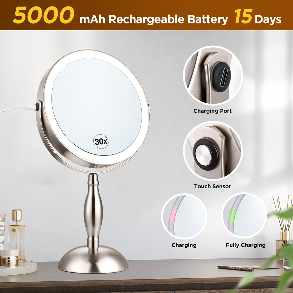 Makeup Mirror with Light - Brushed Nickel, 30x Makeup Mirror with 3 Colors