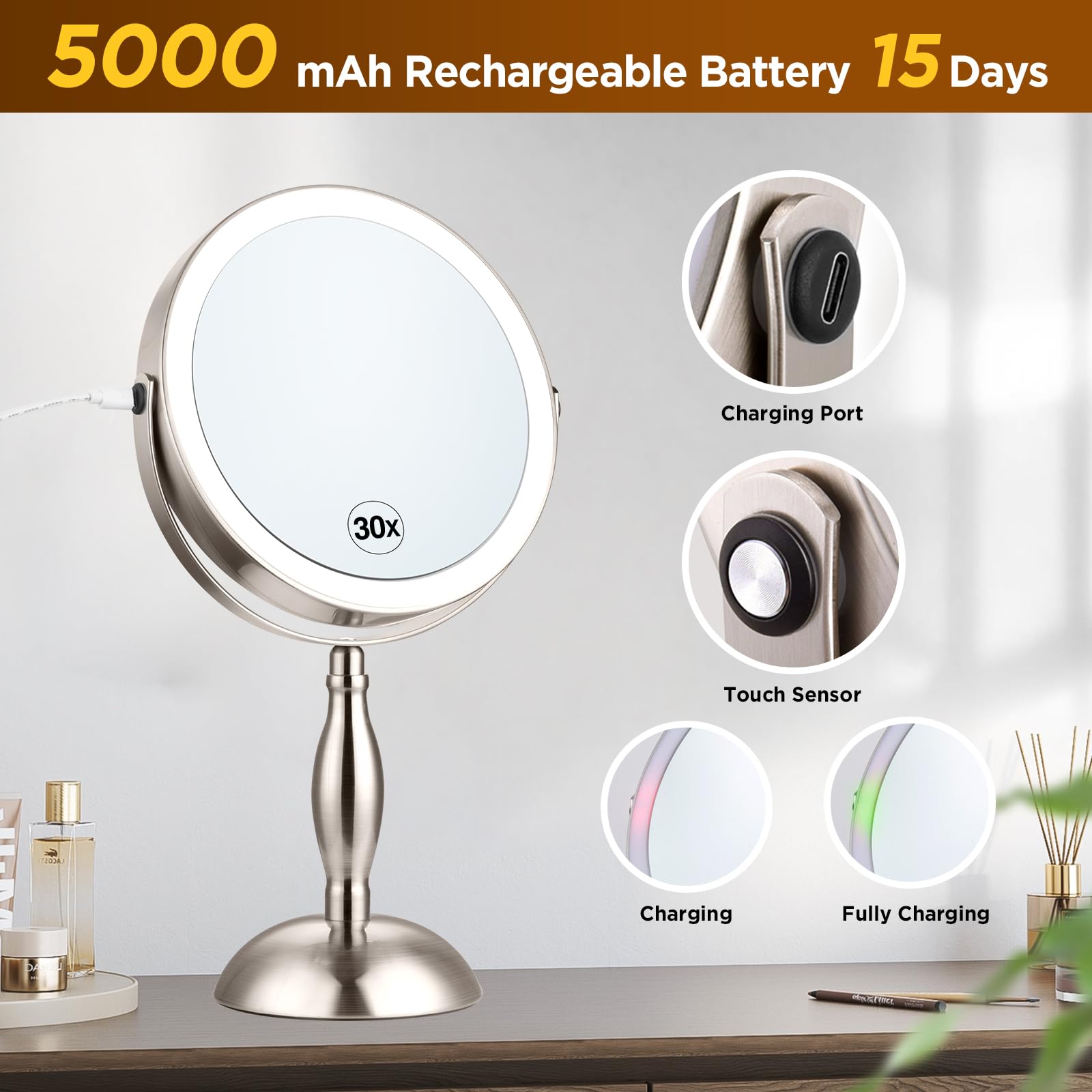 Makeup Mirror with Light - Brushed Nickel, 30x Makeup Mirror with 3 Colors