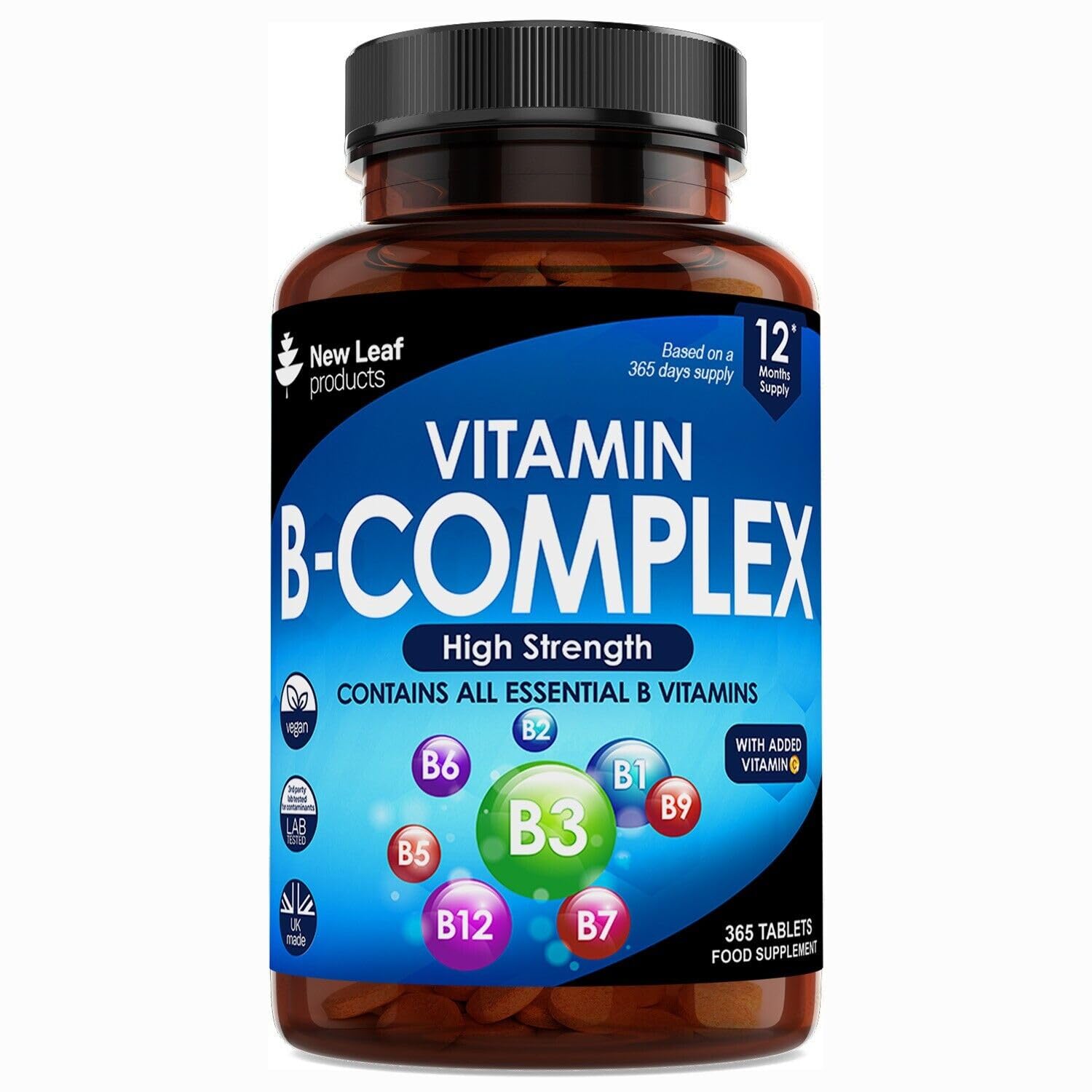 Vitamin B Complex - 365 Small Tablets - All 8 B Vitamins B1-B2-B3-B5-B6-B12, (1 Year Supply)High Strength Biotin, Folic Acid and Vitamin C - Reduction of Tiredness, Energy & Immune Support - UK Made