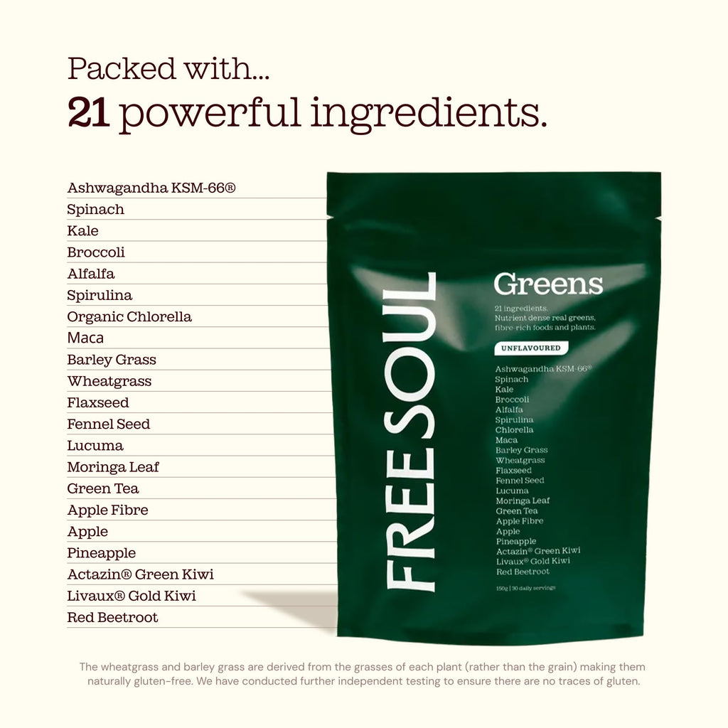 Free Soul Greens | 21 Advanced Greens, Superfoods, and Adaptogens Including KSM-66 Ashwagandha, Vegan & Gluten-Free, Advanced Natural Formula | UK Made | 30 Servings | Original Flavour