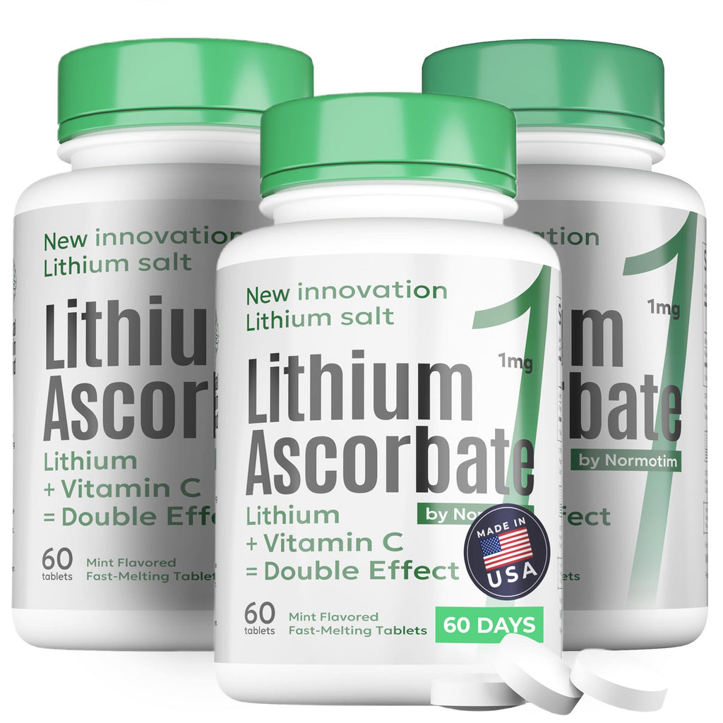 NORMOTIM Lithium Ascorbate 1 mg with Vitamin C - 60 Tablets – Brain Supplements for Memory and Focus, Mood and Stress Relief Supplement, Lithium Orotate (180 Tablets)