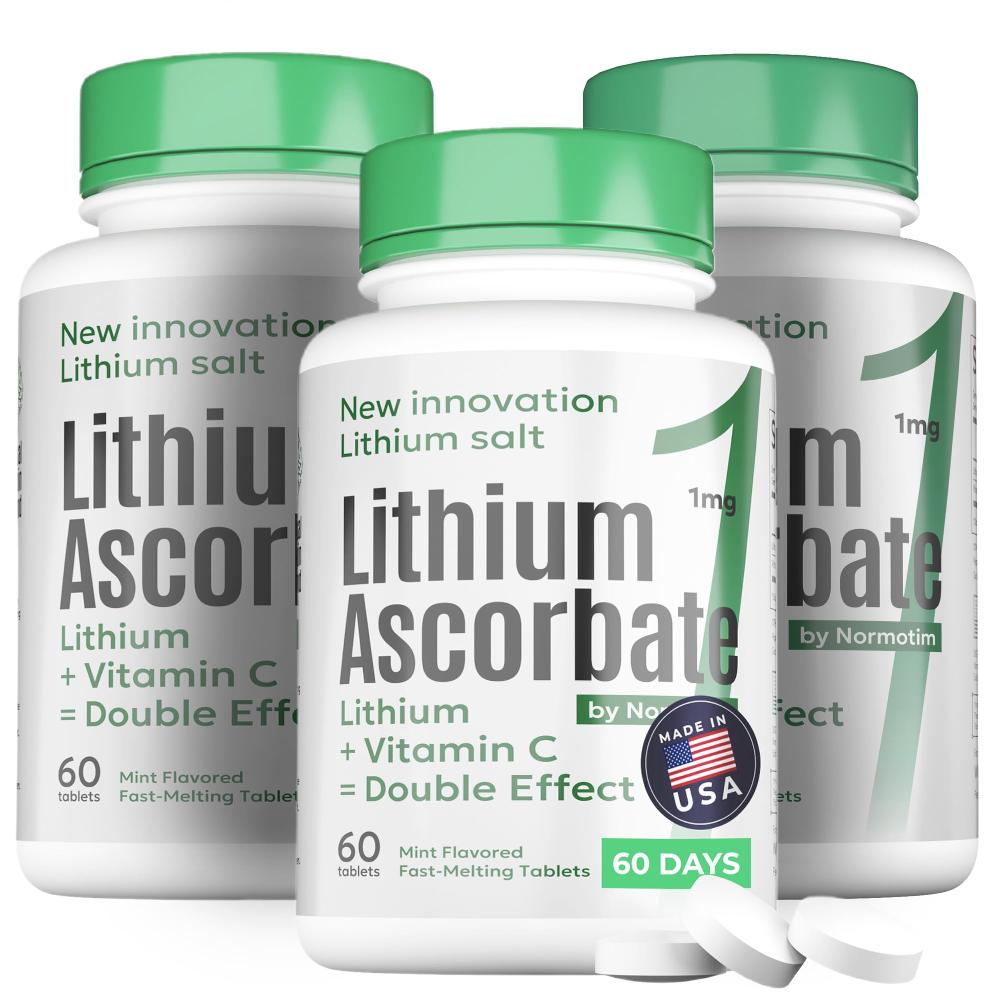NORMOTIM Lithium Ascorbate 1 mg with Vitamin C - 60 Tablets – Brain Supplements for Memory and Focus, Mood and Stress Relief Supplement, Lithium Orotate (180 Tablets)
