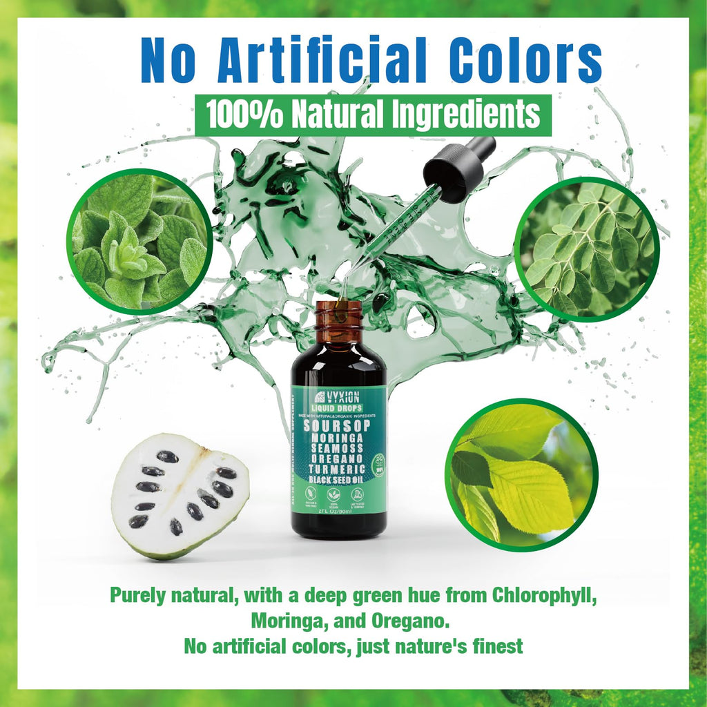 Soursop Pure Liquid Drops 10 in 1 with Sea Moss, Moringa, Turmeric, Black Seed Oil, Oregano, Ashwagandha | Herbal extracts for Overall Health | Vegan, Non-GMO | 4 Fl Oz
