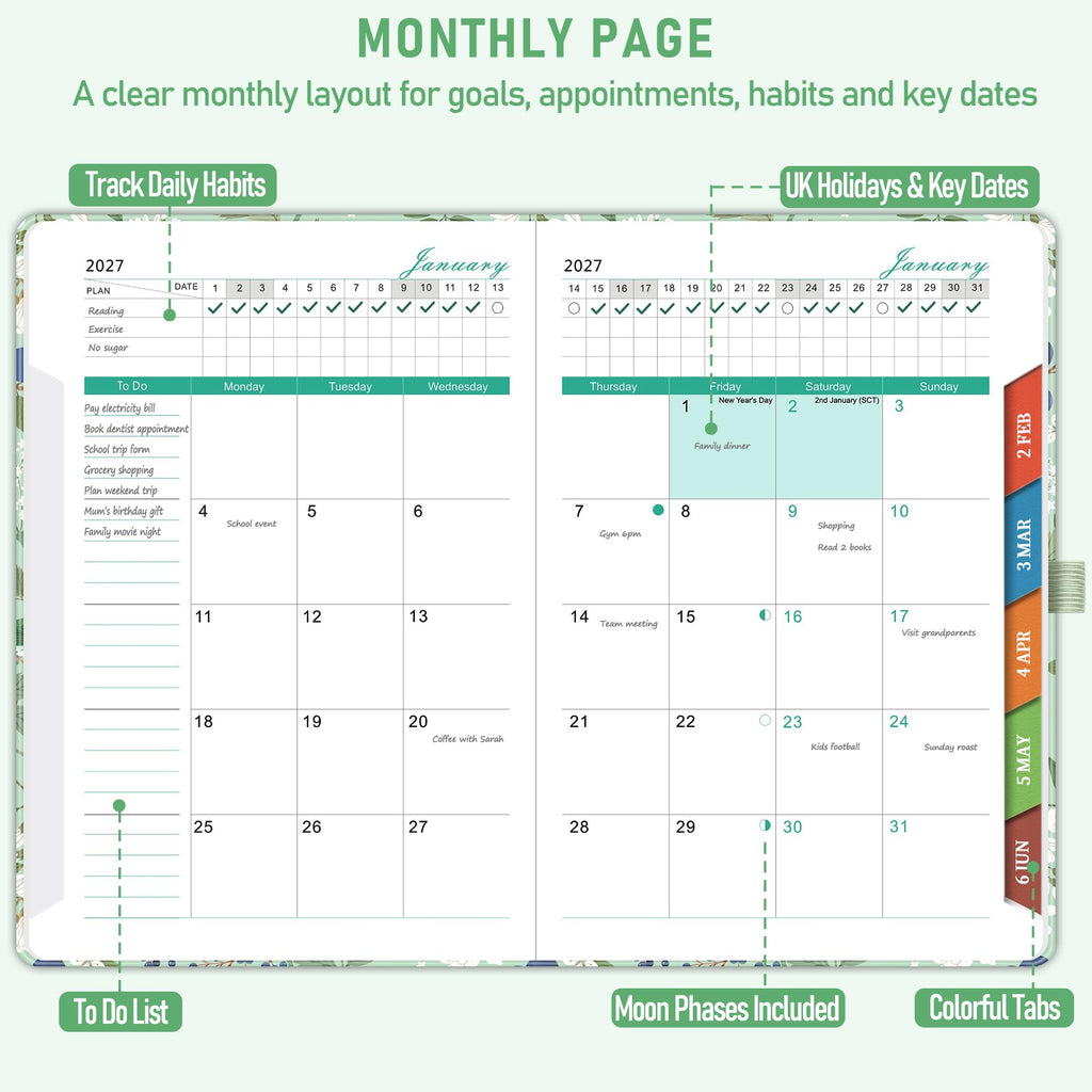 ZXHQ 2027 Diary Page a Day A5, Full Year Daily Planner 2027 with Monthly View, Jan - Dec, with Colorful Tabs, UK Holidays, Inner Pocket, 100 Gsm Paper, Pen Set, 5.9" × 8.5"- Spring Garden