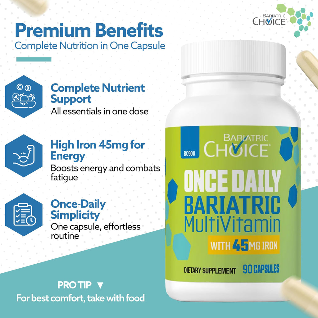Bariatric Choice Bariatric Multivitamin with Iron 45mg – Once Daily Easy to Swallow Capsule for Gastric Bypass & Sleeve Patients – High Potency Vitamins A, D, B12 & More – 3 Month Supply (90 Count)