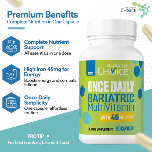 Bariatric Choice Bariatric Multivitamin with Iron 45mg – Once Daily Easy to Swallow Capsule for Gastric Bypass & Sleeve Patients – High Potency Vitamins A, D, B12 & More – 3 Month Supply (90 Count)