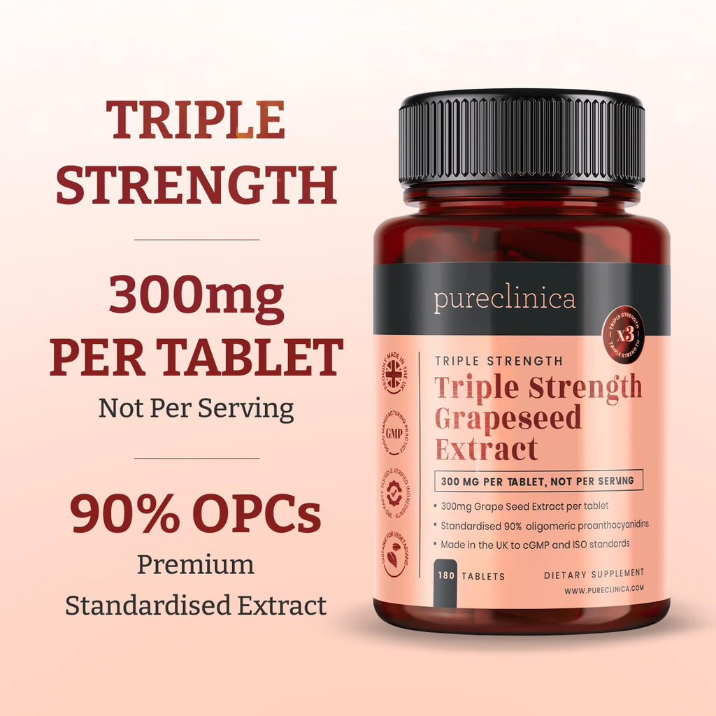 pureclinica Grape Seed Extract 300mg x 180 Tablets - 90% Oligomeric Proanthocyanidins. 300% Stronger Than Regular Grape Seed.