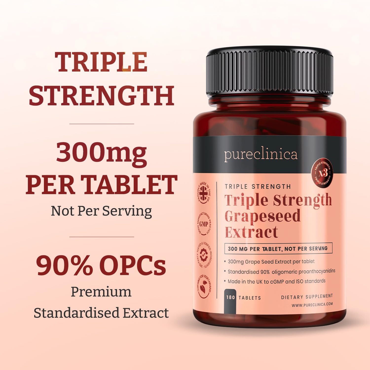 pureclinica Grape Seed Extract 300mg x 180 Tablets - 90% Oligomeric Proanthocyanidins. 300% Stronger Than Regular Grape Seed.