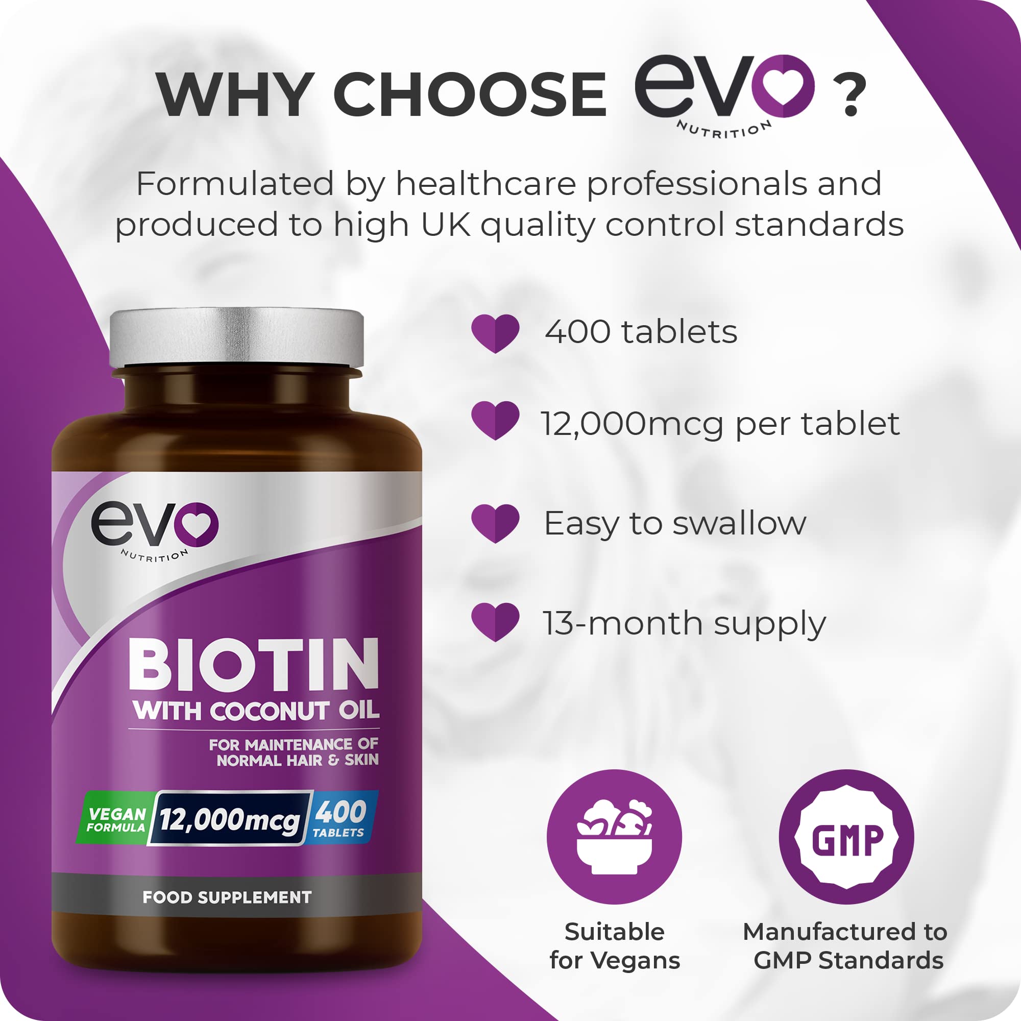 EVO Nutrition Biotin Hair Growth 12,000mcg with Coconut Oil, 400 Tablets