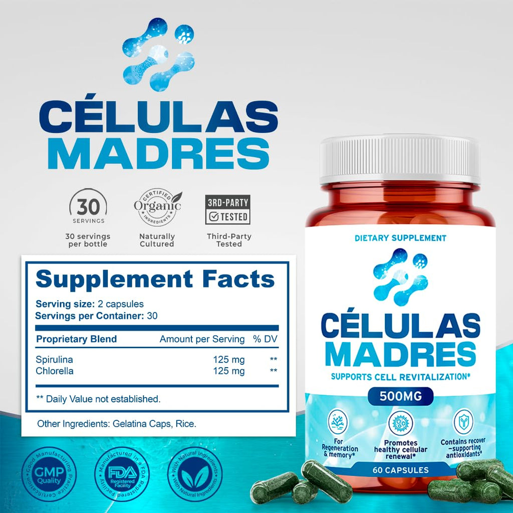 Stem Cell Supplements 500mg (180 Cap) Natural Anti-Aging & Longevity Support with Spirulina & Chlorella, Boost Cellular Renewal, Restore Youthful Energy, Reduce Joint Soreness – Celulas Madre