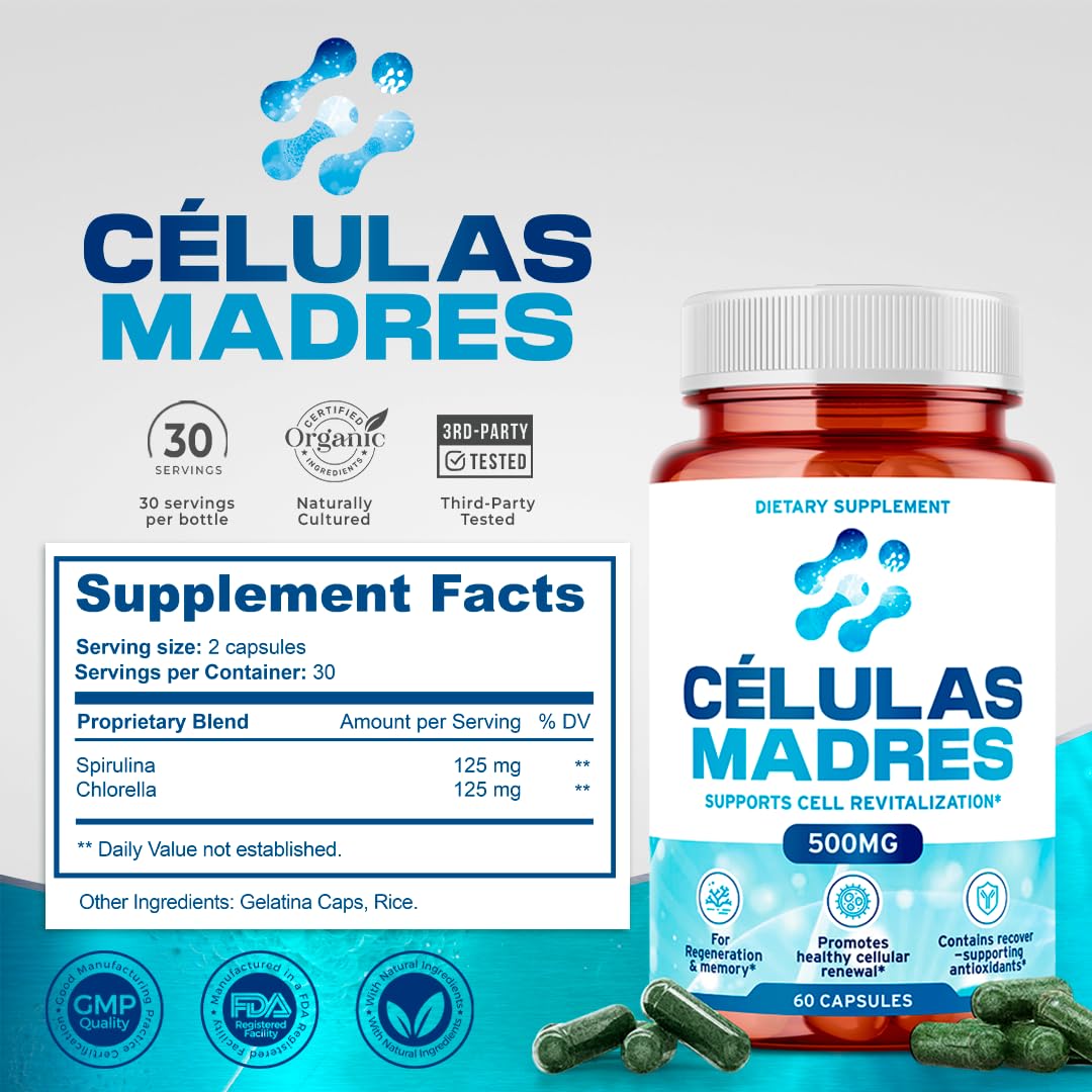 Stem Cell Supplements 500mg (180 Cap) Natural Anti-Aging & Longevity Support with Spirulina & Chlorella, Boost Cellular Renewal, Restore Youthful Energy, Reduce Joint Soreness – Celulas Madre