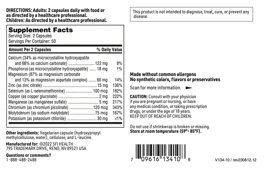 Klaire Labs SFI Health Multi-Mineral Complex Without Iron - Broad Spectrum & Hypoallergenic Essential Trace Mineral Blend with Copper & Zinc, Iron-Free (100 Capsules)