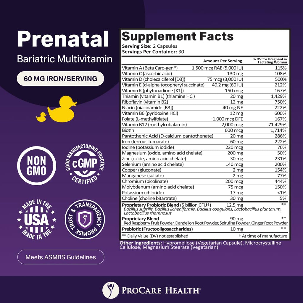 ProCare Health Prenatal Bariatric Multivitamin with Iron (60 Easy to Swallow Capsules) – for Women, Bariatric Vitamins for Gastric Bypass & Gastric Sleeve (1 Month Supply)
