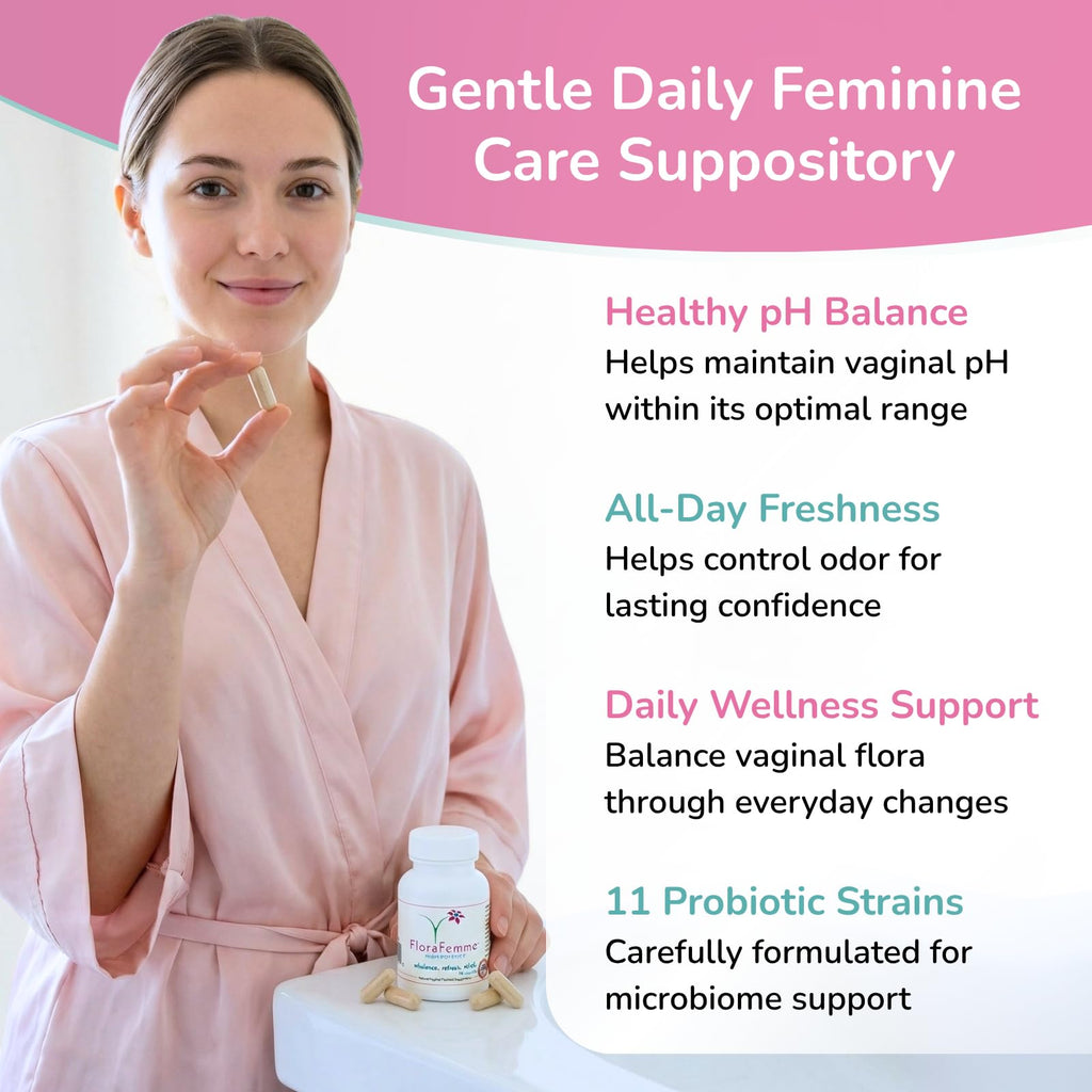 FLORAFEMME - pH Vaginal Probiotics Suppository - Supports pH Balance of Yeast & Bacteria for Feminine Freshness. Supports Restoration of Healthy Vaginal Flora & Eliminates Vaginal Odor