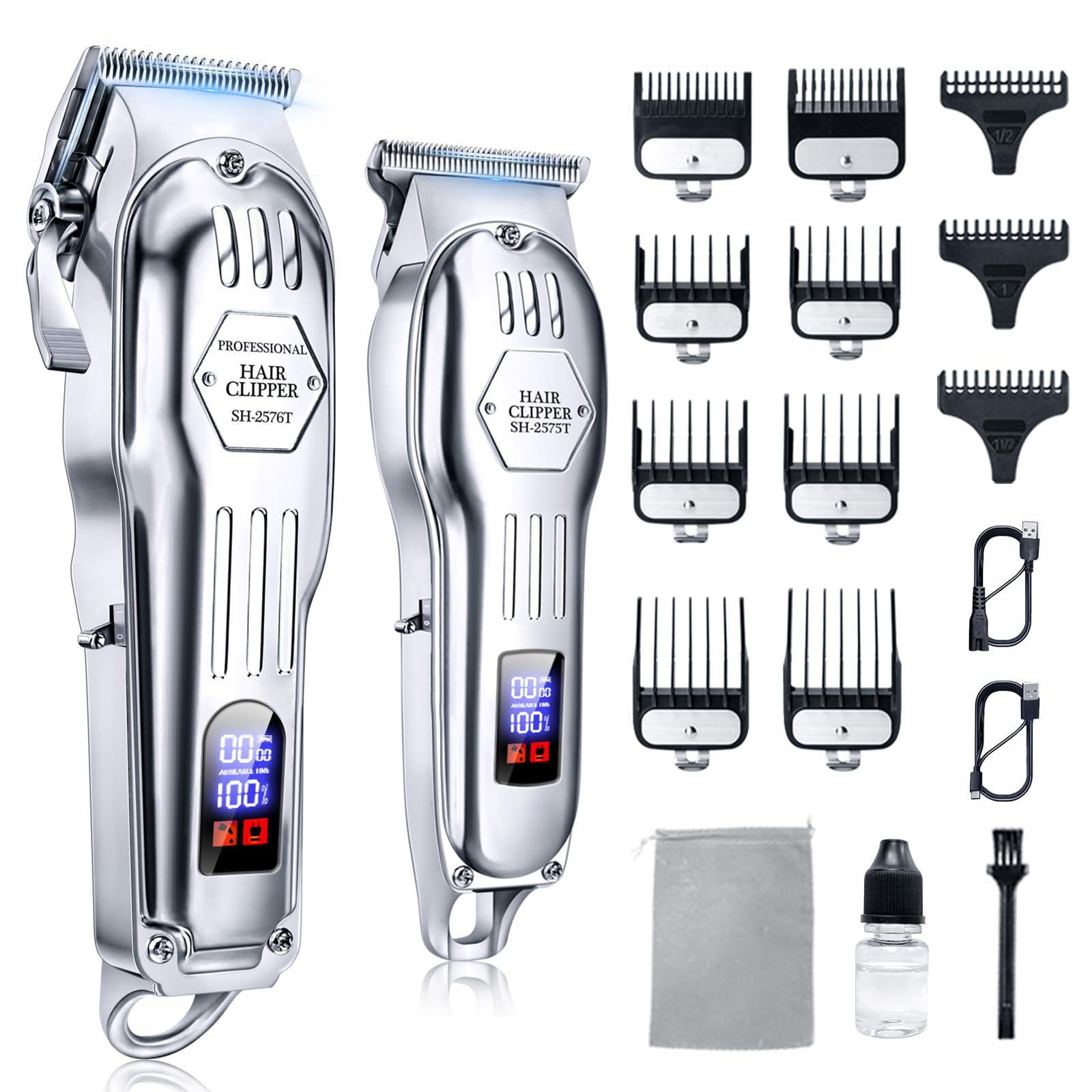 Professional Cordless Hair Clippers for Men, Trimmers Set and Barber Clippers for Haircut, Beard Trimmer Kit with LCD Display, Grooming Set, Rechargeable Hair Cutting Machine for Family