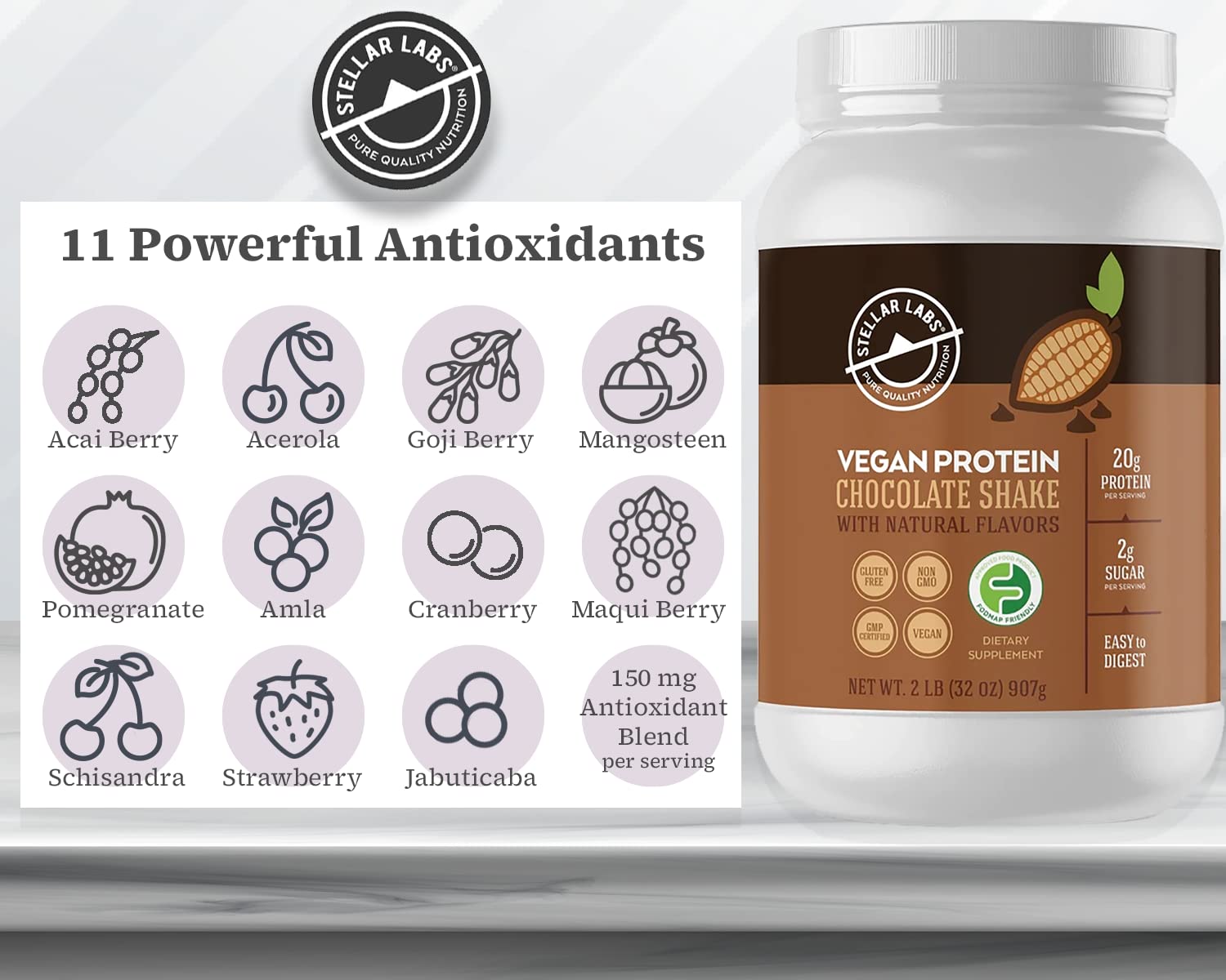 Stellar Labs Vegan Protein Powder with BCAA's & Antioxidants | Certified Low FODMAP, Non GMO, Gluten Free, Soy Free, Low Carb, with Stevia | Lean Plant Based Protein Powder Shakes | Chocolate