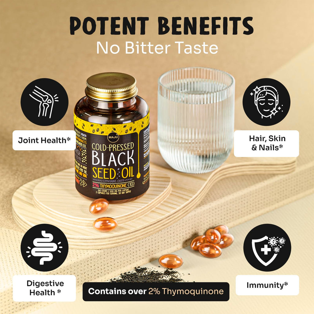Maju Superfoods Black Seed Oil Capsules - Cold Pressed, 3X Thymoquinone, 100% Turkish Black Cumin Nigella Sativa Seed Oil, Liquid Pure Blackseed 60 Count, 500mg per Capsule