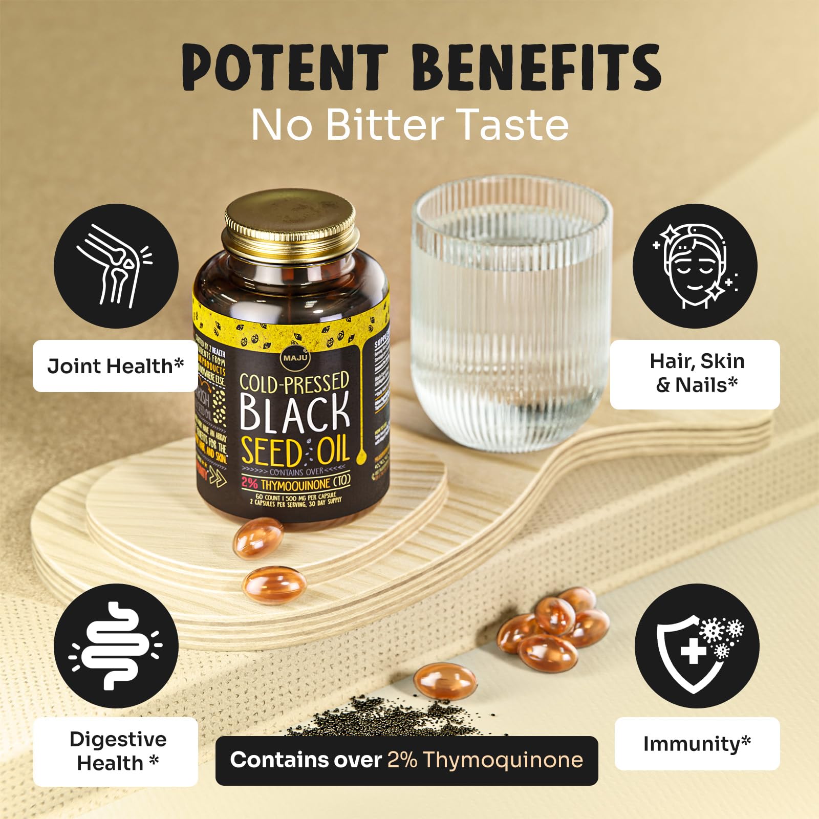 Maju Superfoods Black Seed Oil Capsules - Cold Pressed, 3X Thymoquinone, 100% Turkish Black Cumin Nigella Sativa Seed Oil, Liquid Pure Blackseed 60 Count, 500mg per Capsule