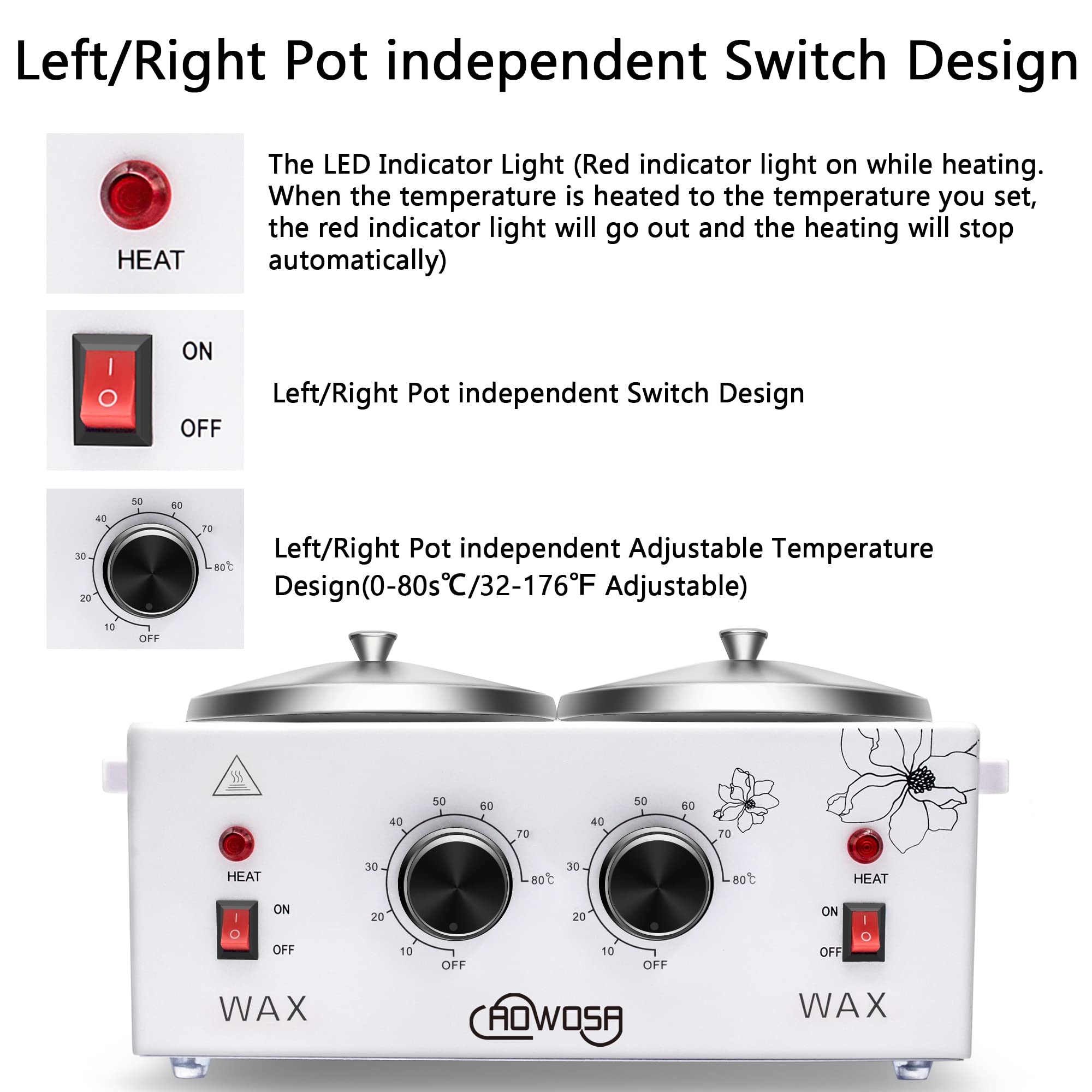 Double Wax Warmer Professional Electric Wax Heater Machine for Hair Removal, Dual Waxing Pot Paraffin Facial Skin Body SPA Salon Equipment with Adjustable Temperature Set