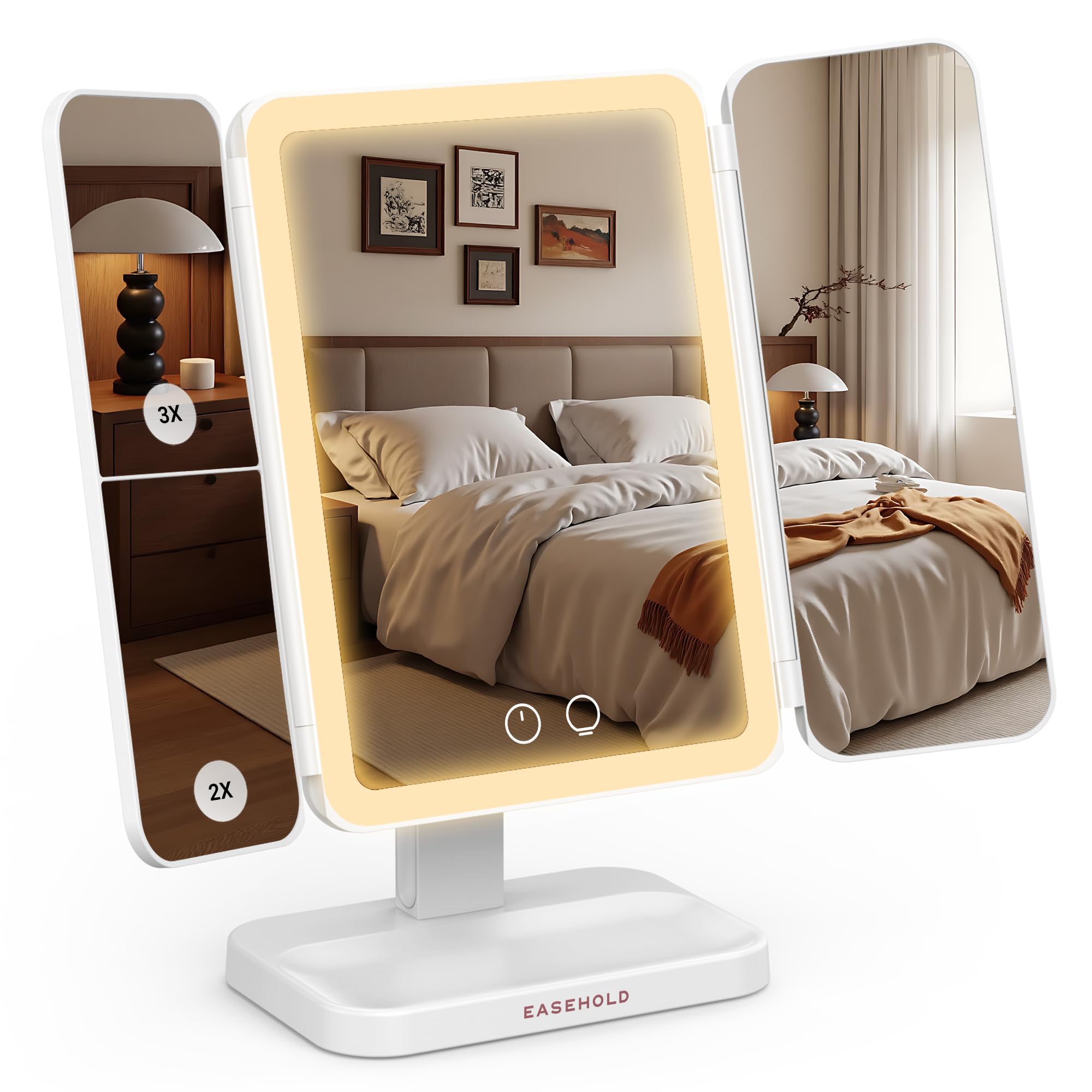 EASEHOLD Rechargeable Trifold Lighted Makeup Mirror with 1X/2X/3X Magnification, 3 Color Eye-Caring LED Lights & Touch Sensor - Foldable Vanity Mirror for Travel, Desk, Bedroom, Gifts for Women