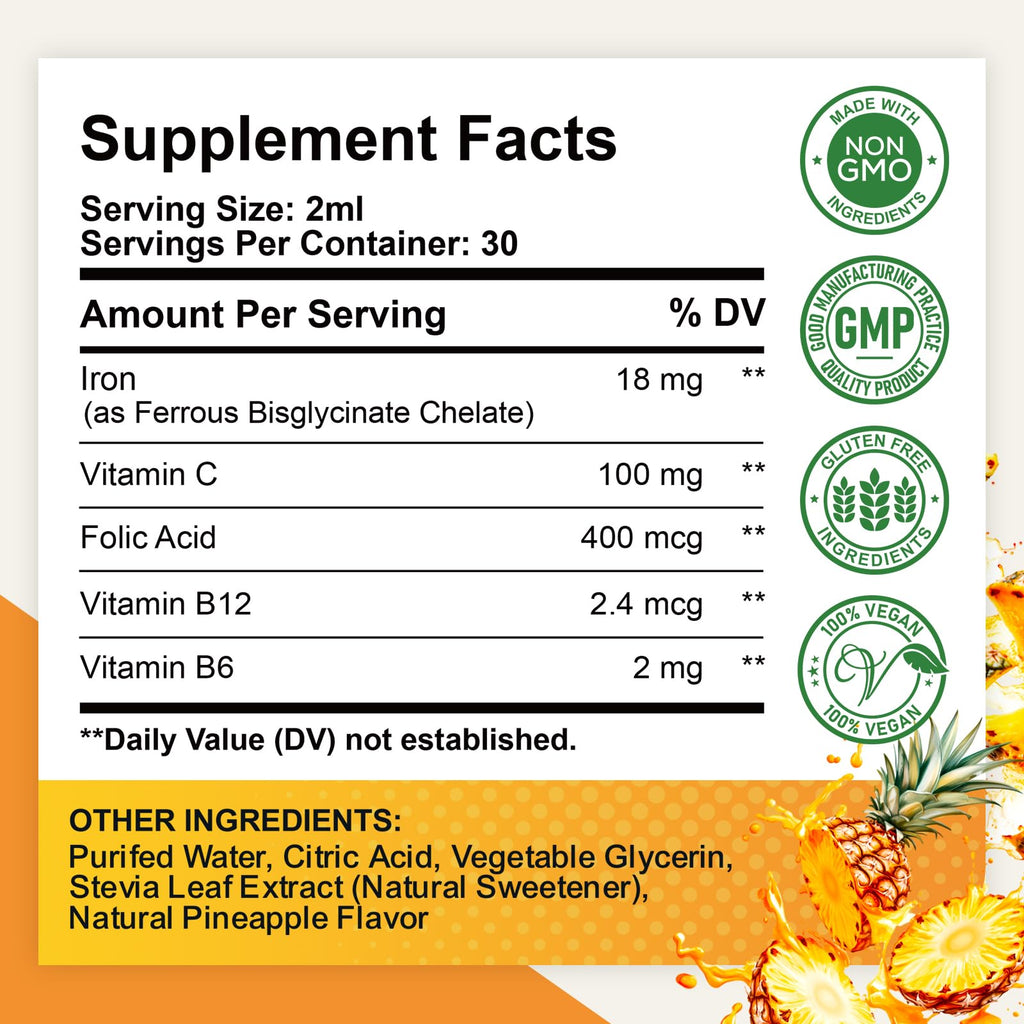 2 Pack Liquid Iron Supplement for Women, Men & Kids, Liquid Iron Drops with Folate, Vitamin C, B6, B12 for Anemia, Red Blood Cell, Energy Support, Pineapple Flavor