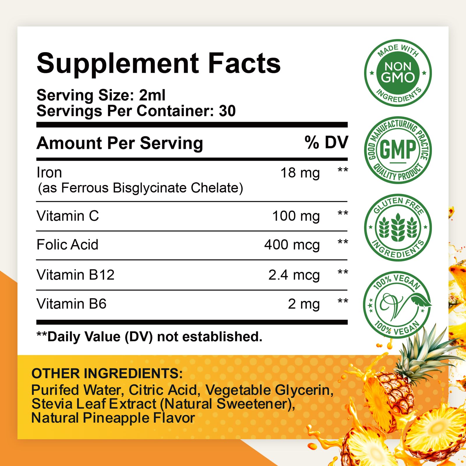 2 Pack Liquid Iron Supplement for Women, Men & Kids, Liquid Iron Drops with Folate, Vitamin C, B6, B12 for Anemia, Red Blood Cell, Energy Support, Pineapple Flavor