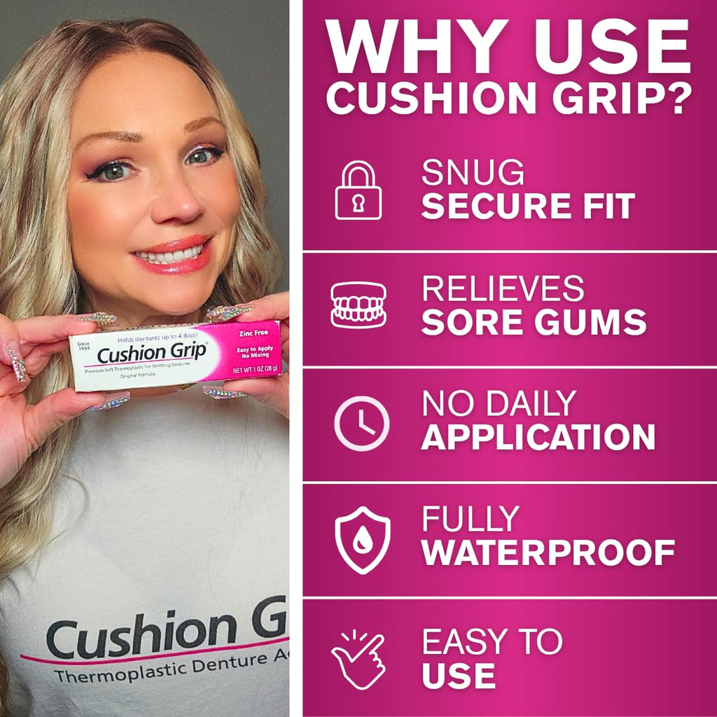 Cushion Grip Thermoplastic Denture Adhesive – Refits & Tightens Loose Dentures, Works Like a Denture Reliner for Long-Lasting Comfort, Holds Up to 4 Days, Waterproof & Zinc-Free - 1 oz (Pack of 5)