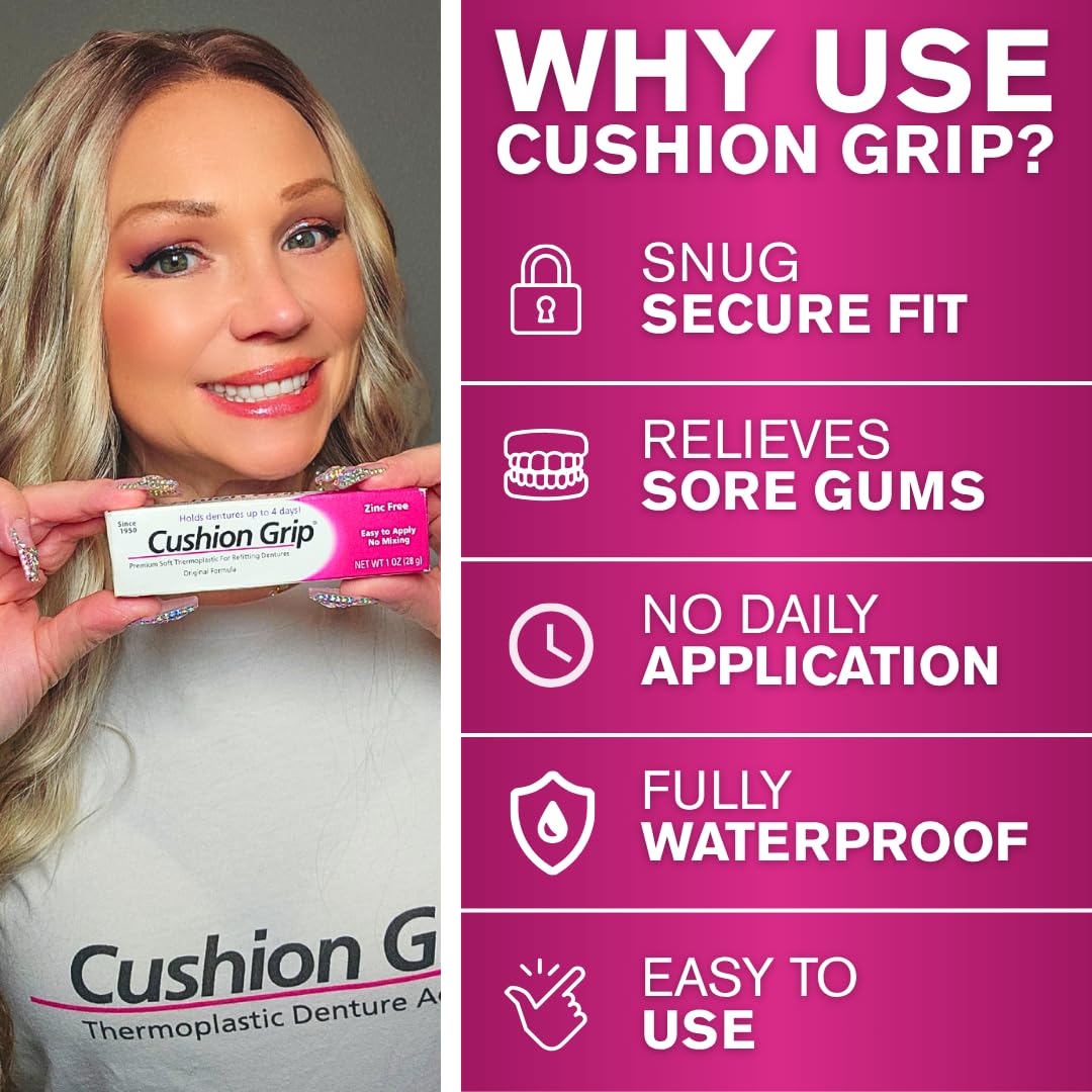 Cushion Grip Thermoplastic Denture Adhesive – Refits & Tightens Loose Dentures, Works Like a Denture Reliner for Long-Lasting Comfort, Holds Up to 4 Days, Waterproof & Zinc-Free - 1 oz (Pack of 5)