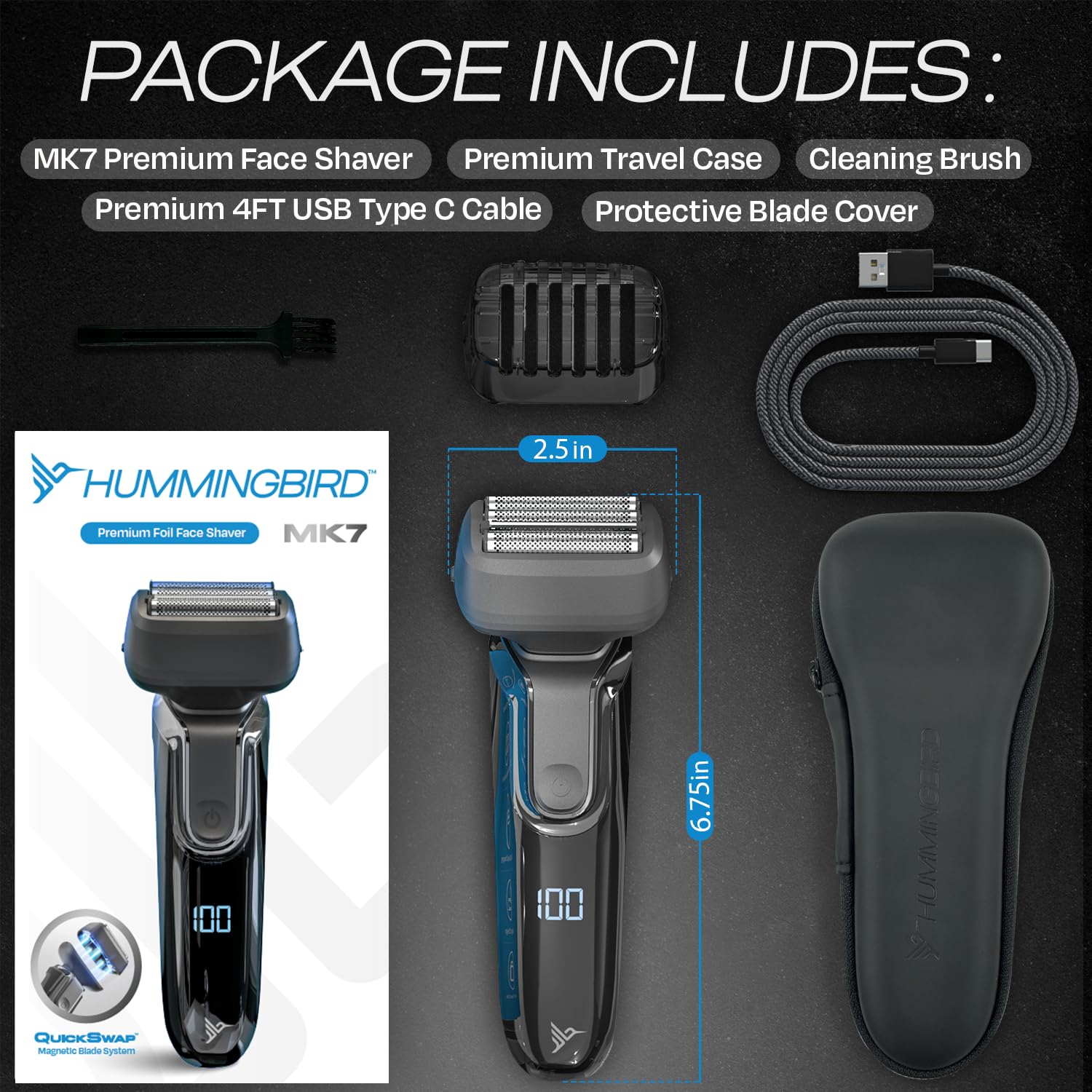 HUMMINGBIRD MK7 Premium Foil Face Shaver, Four Blade Foil Shaver with Long Hair Leveler, Electric Razor for Men, Waterproof Wet & Dry Shave, Cordless USB-C Rechargeable, LED Display, Travel Case