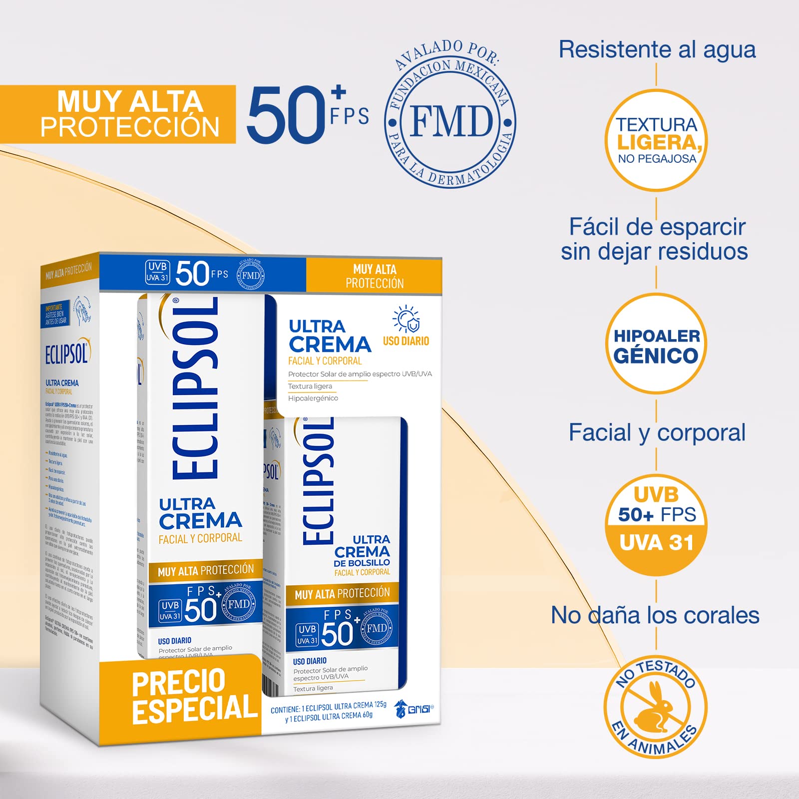 Eclipsol - Pack Eclipsol Ultra Crema FPS 50+ | Protector solar, Bloqueador solar facial y corporal, Protector solar corporal, grisi, fps 50, hipoalergénico, de uso diario, textura ligera | Pack de 2