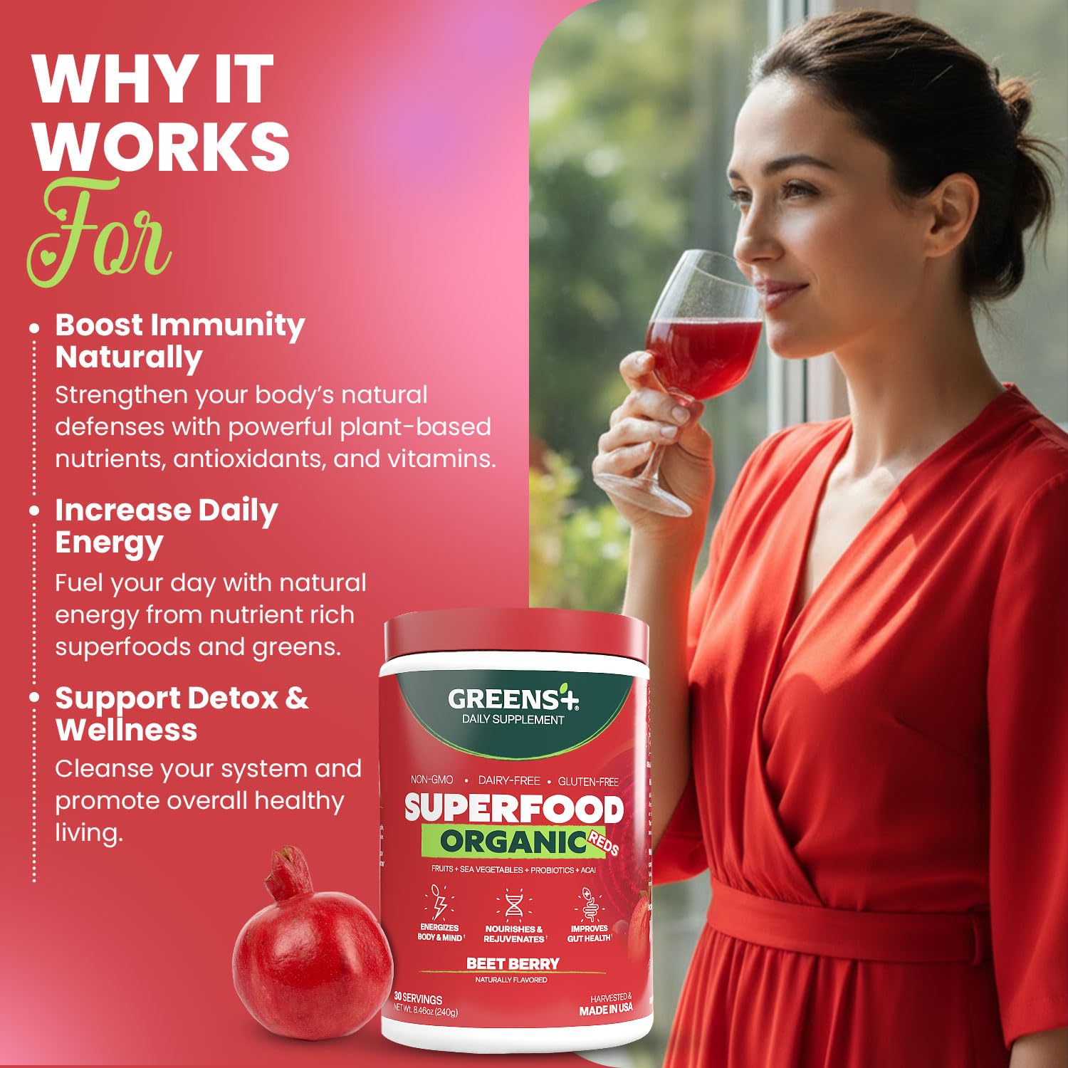 Greens+ Organic Reds Superfood Powder, Antioxidant, Polyphenol, Blend for Morning Kick, Energy, Vitality Boost, Nutrition, Vibrant Health, Vegan Soy/Dairy/Gluten Free(8.46oz)