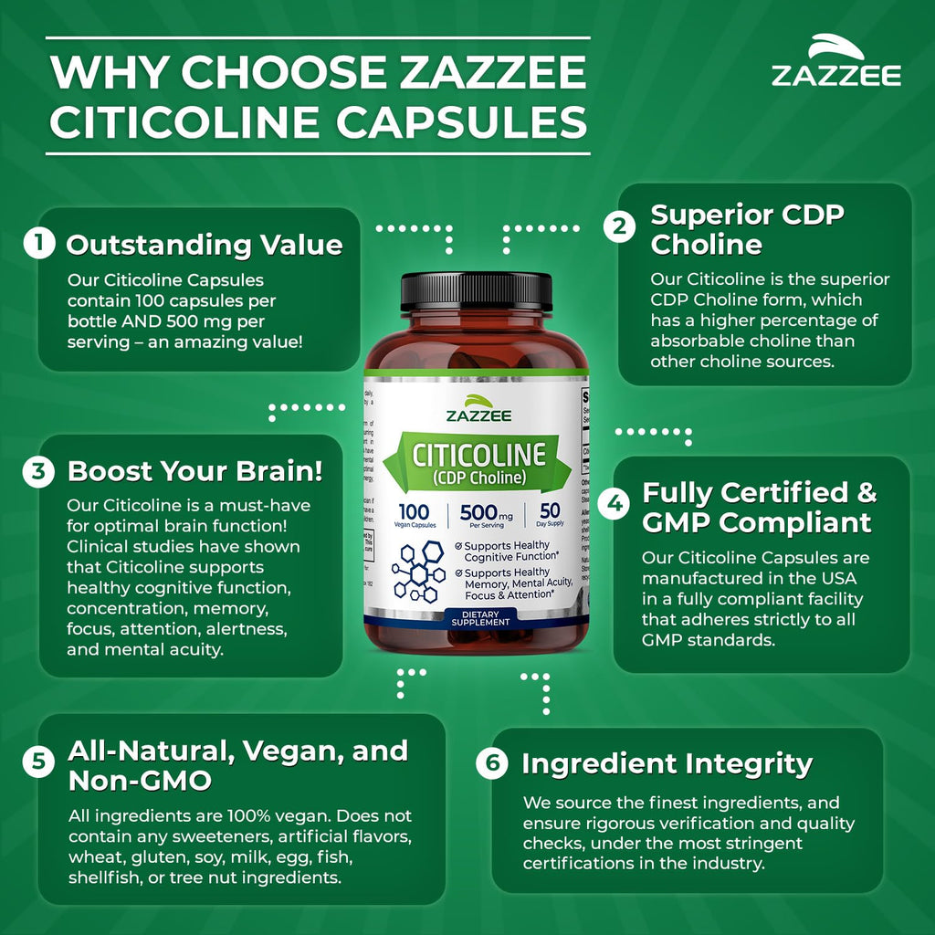 Zazzee Extra Strength Citicoline, 500 mg per Serving, 100 Vegan Capsules, Superior CDP Choline Form, 100% Vegetarian and Pharmaceutical Grade, 50-Day Supply, All-Natural and Non-GMO