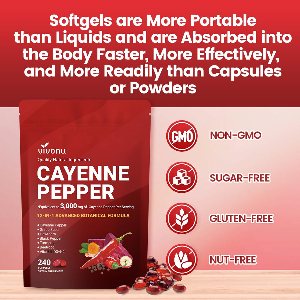 VivoNu Cayenne Pepper Softgels Supplement, Supports Leg Vein, Heart and Blood Vessel Health, with Vitamin E D3+K2 and Extracts of Grape Seed, Hawthorn, Beetroot and Others