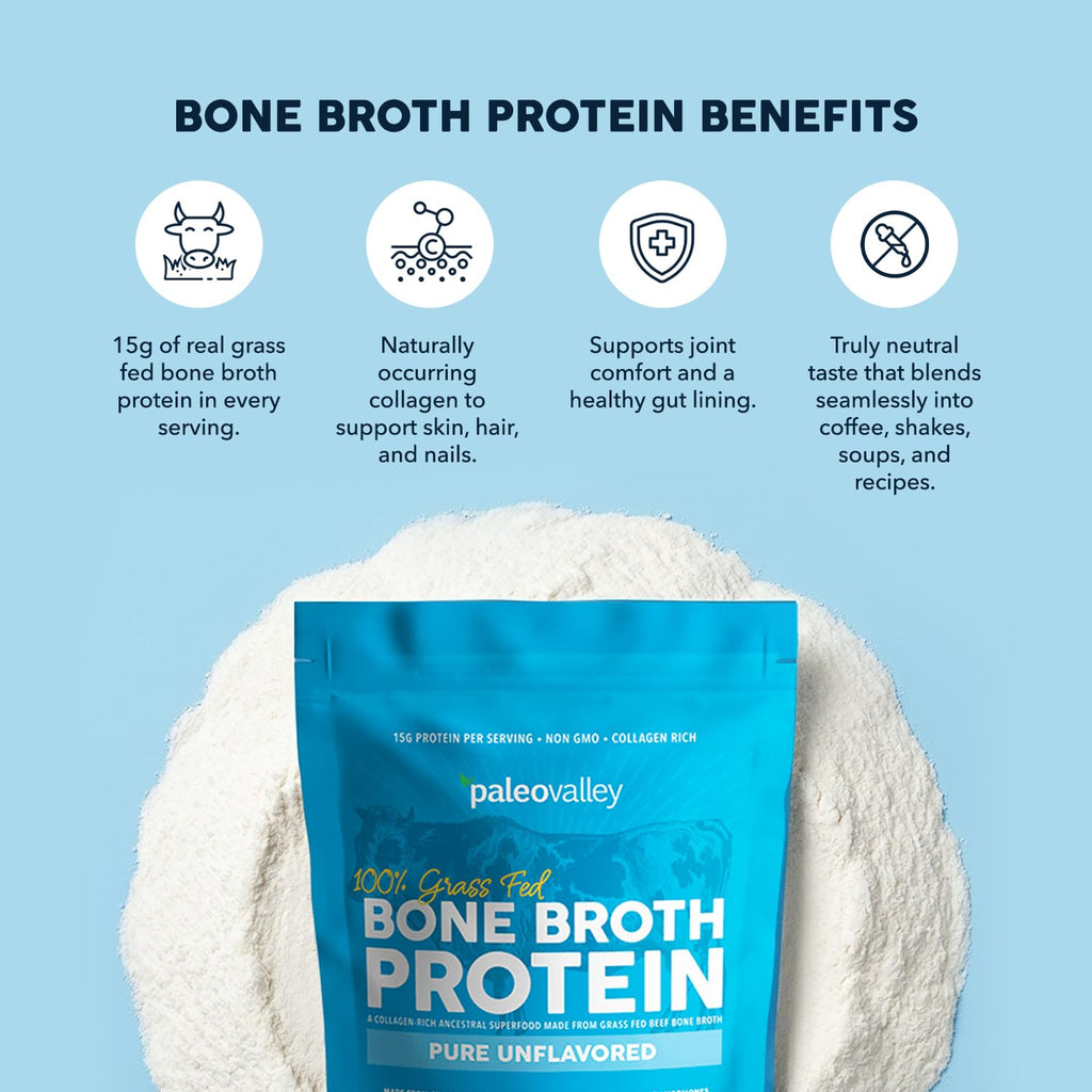 Paleovalley 100% Grass Fed Beef Bone Broth Protein Powder - Rich in Collagen Peptides for Hair, Skin, Gut Health, Bone and Joint Support - 15g Protein Per Serving - No Gluten or GMOs
