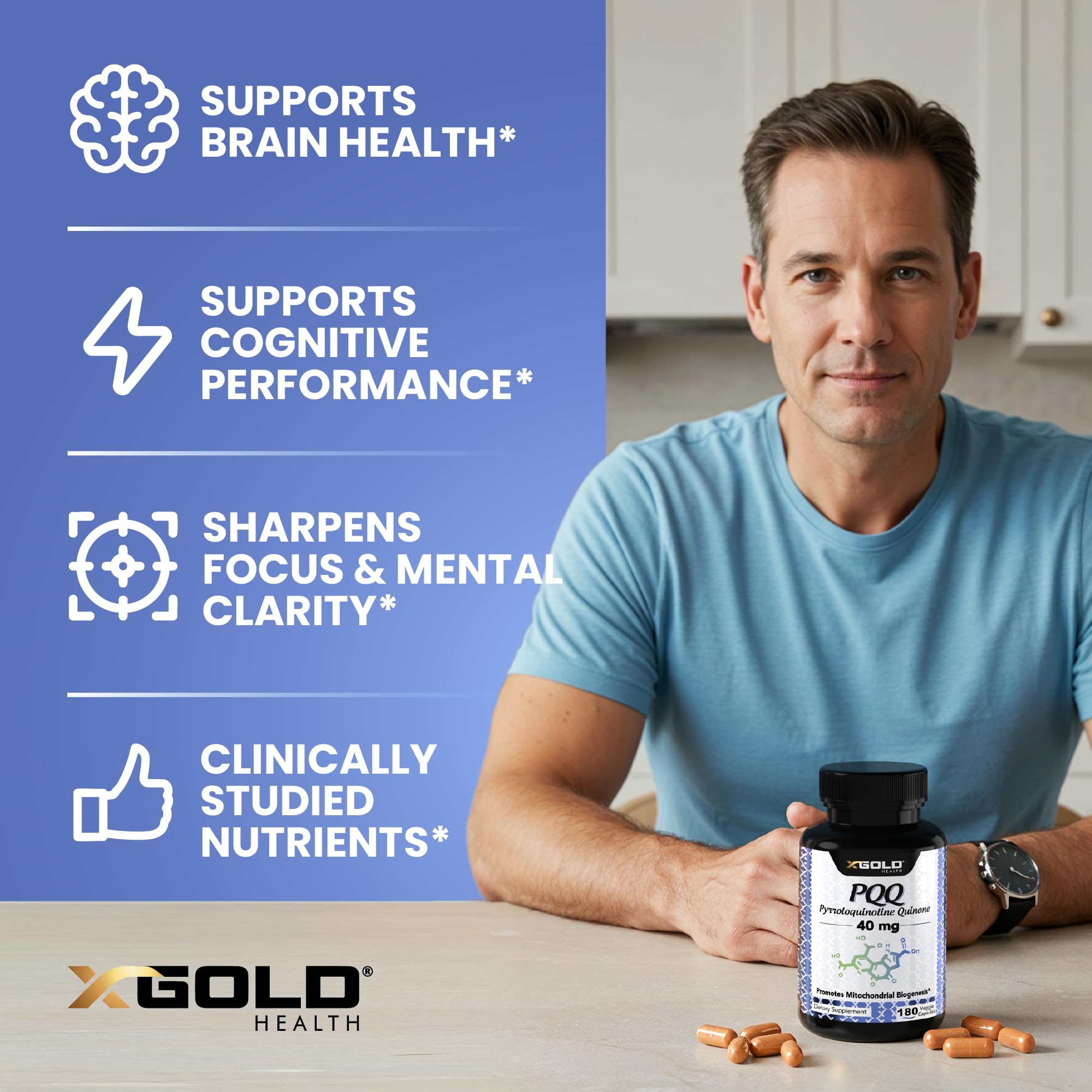 X Gold Health PQQ 40mg Supplement – Mitochondrial Energy Booster & Cellular Energy Support – Pyrroloquinoline Quinone – Brain & Focus Support – Non-GMO, Gluten-Free – 180 Veg Capsules