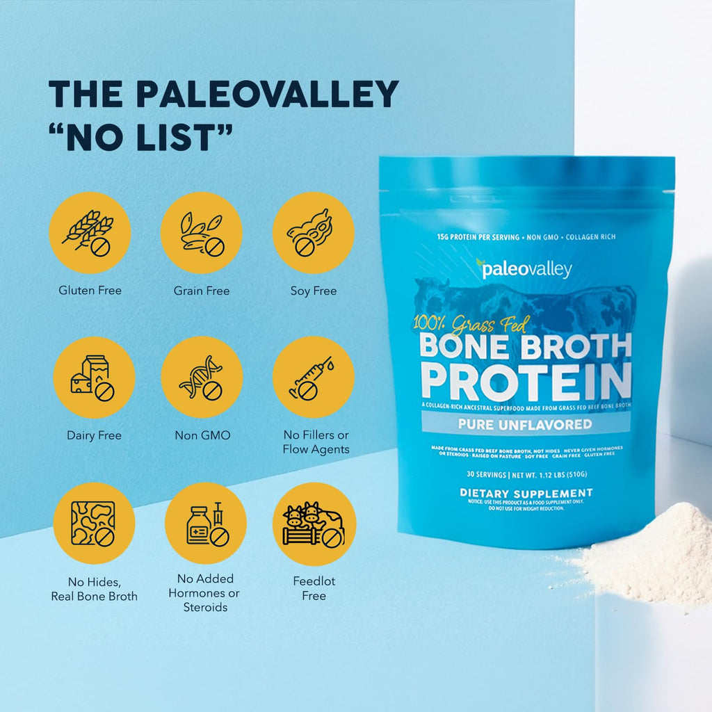 Paleovalley 100% Grass Fed Beef Bone Broth Protein Powder - Rich in Collagen Peptides for Hair, Skin, Gut Health, Bone and Joint Support - 15g Protein Per Serving - No Gluten or GMOs