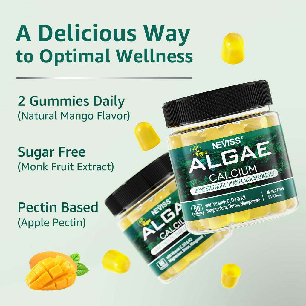 Calcium Gummies for Women + Magneisum Vitamin D3 K2, C, Zinc, Boron, Sustainable Algae (3rd Party Tested) for Bone Strength, Nerve, Calcium Absoption, Sugar Free Calcium Supplement, Vegan, 60 Counts