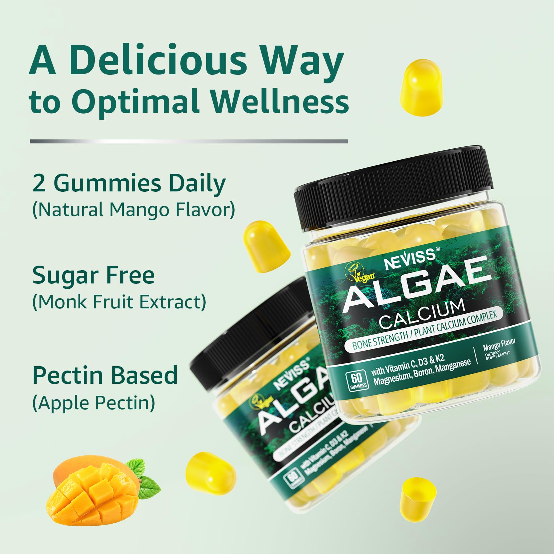Calcium Gummies for Women + Magneisum Vitamin D3 K2, C, Zinc, Boron, Sustainable Algae (3rd Party Tested) for Bone Strength, Nerve, Calcium Absoption, Sugar Free Calcium Supplement, Vegan, 60 Counts