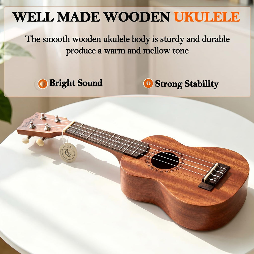 Mahogany Soprano Ukulele Starter Kit - Professional 21 inch w/Free Online Lesson Case Strap Tuner Aquila Strings