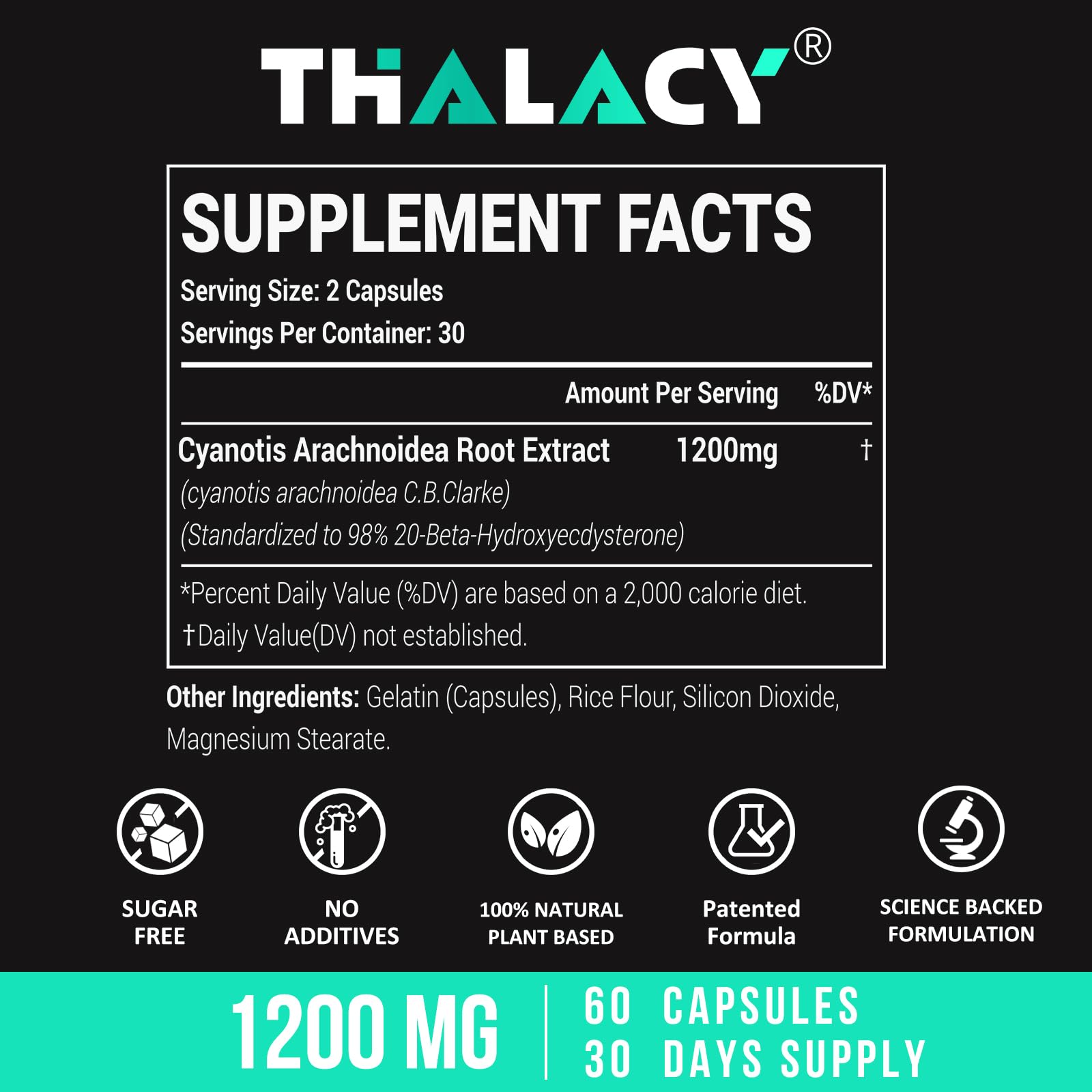 Thalacy 1200MG Beta Ecdysterone Supplement, 98% Maximum Purity Ecdysterone Supplements for Lean Muscle Mass, Athletic Performance & Strength, 120 Capsules