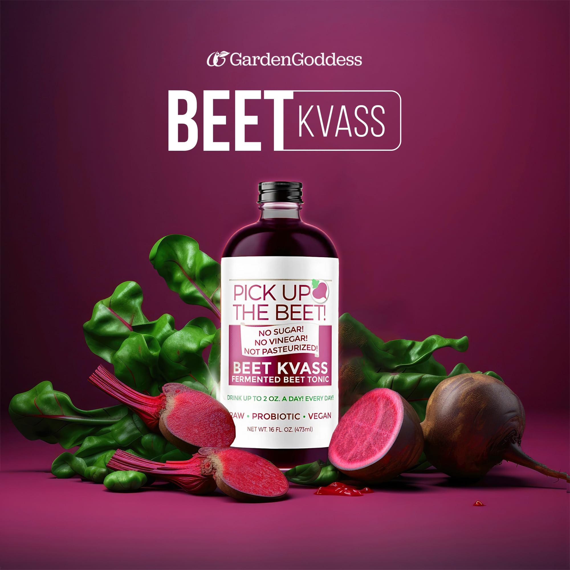 Organic Beet Juice Beet Kvass 48 Ounces (3 16 Ounce Bottles) from Garden Goddess Ferments, Nitric Oxide Superfood for Improved Circulation, Blood Pressure, Iron Supplement, and Hangovers - Sugarfree