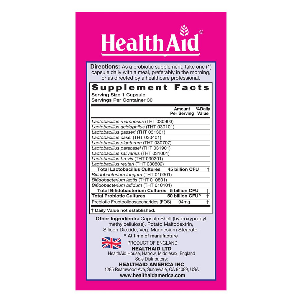 HealthAid FemProbio – Once-Daily Probiotic with Prebiotic Fiber | 50 Billion CFU | 30 Vegetarian Capsules | Acid & Bile Resistant, Lactose, Gluten & GMO-Free